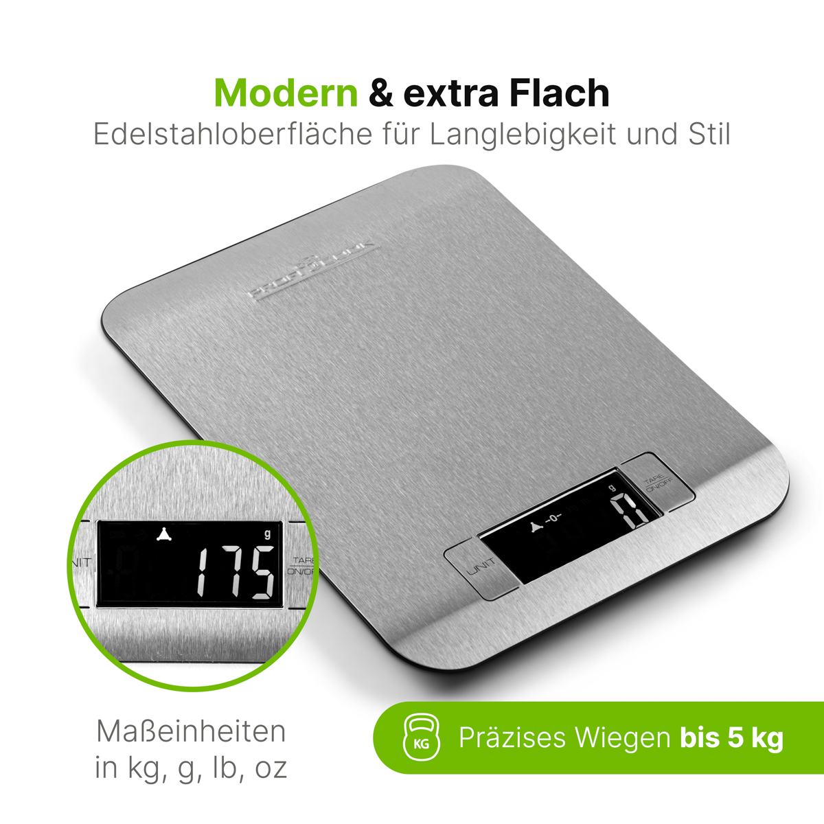 Srebrna waga kuchenna z wyświetlaczem cyfrowym i tekstem opisującym jej funkcje.