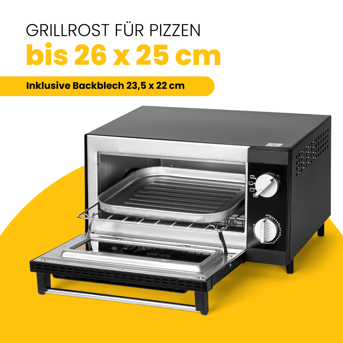 Czarny i srebrny grill z tacą, tekst: grill do pizzy.