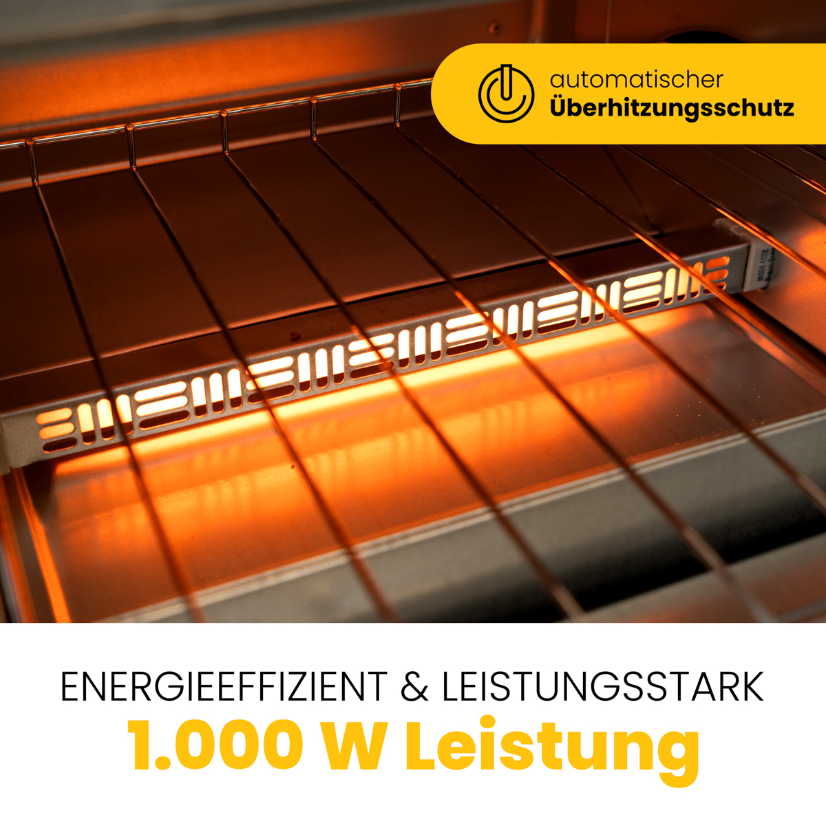 Wnętrze piekarnika z żarzącym się elementem grzejnym. Tekst: Energooszczędny i wydajny, moc 1000 W.