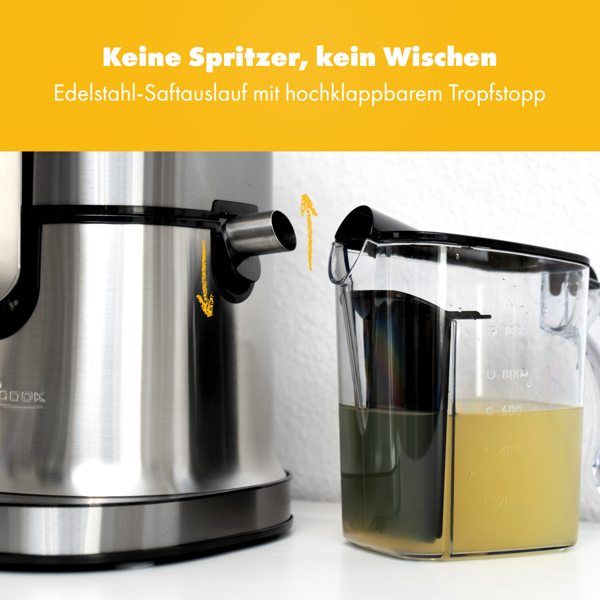 Wyrażarka do soku z sokiem wpadającym do pojemnika i tekstem „Bez rozprysków, bez wycierania”.