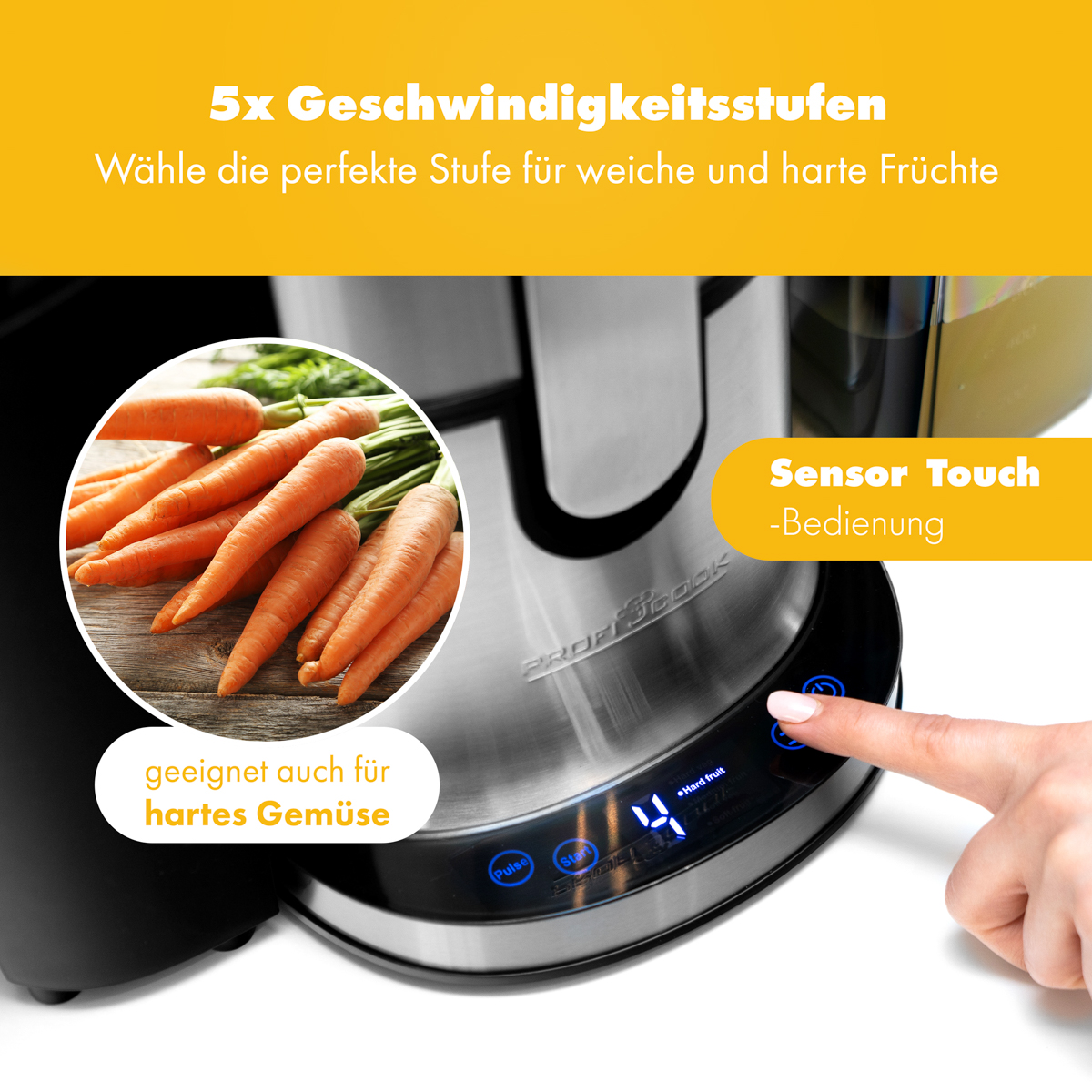 Wyiskarka z marchewką, cyfrowy wyświetlacz pokazujący ustawienia i ręka dotykająca przycisku.