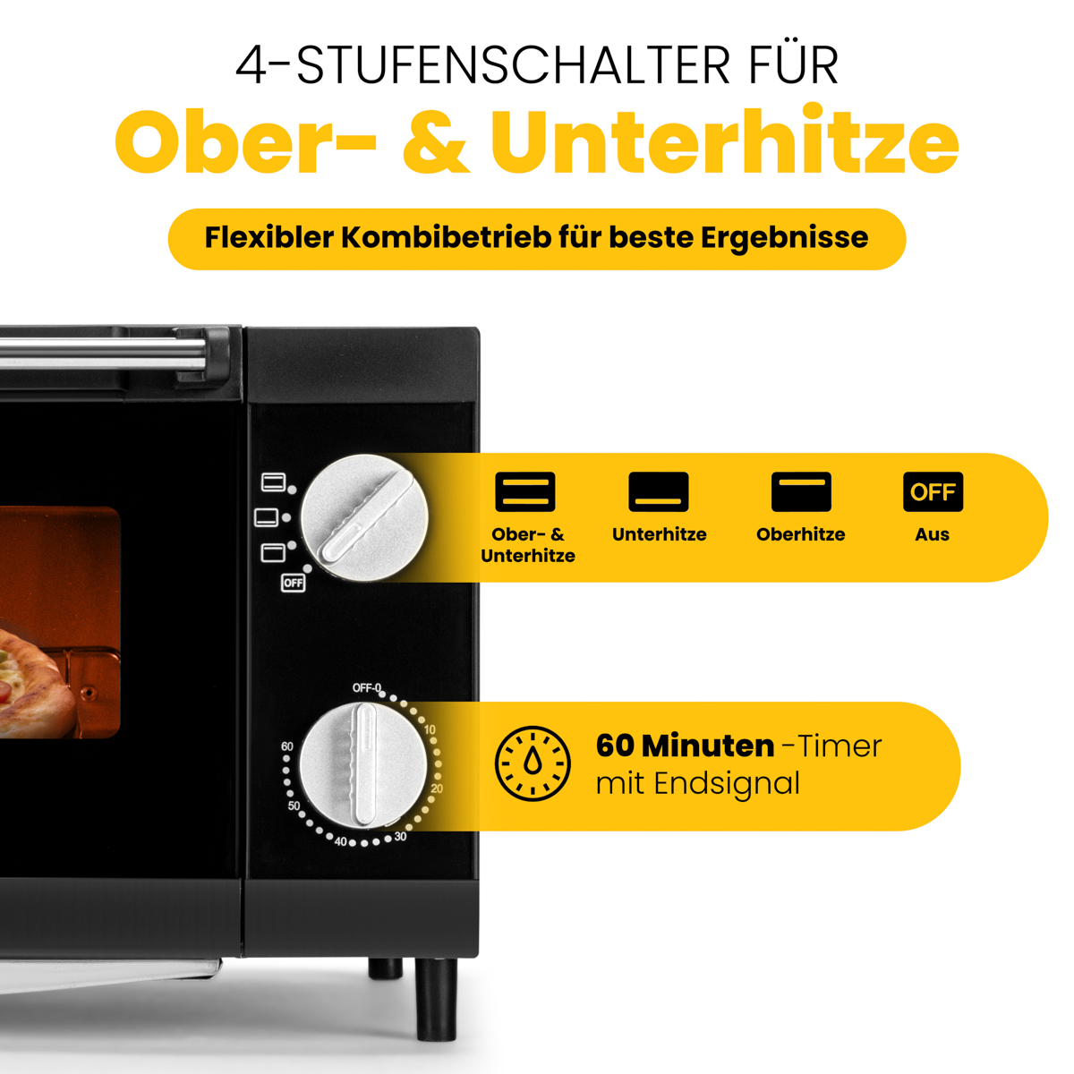 Czarny panel sterowania piekarnika z pokrętłami, etykietami i timerem ustawionym na 60 minut.