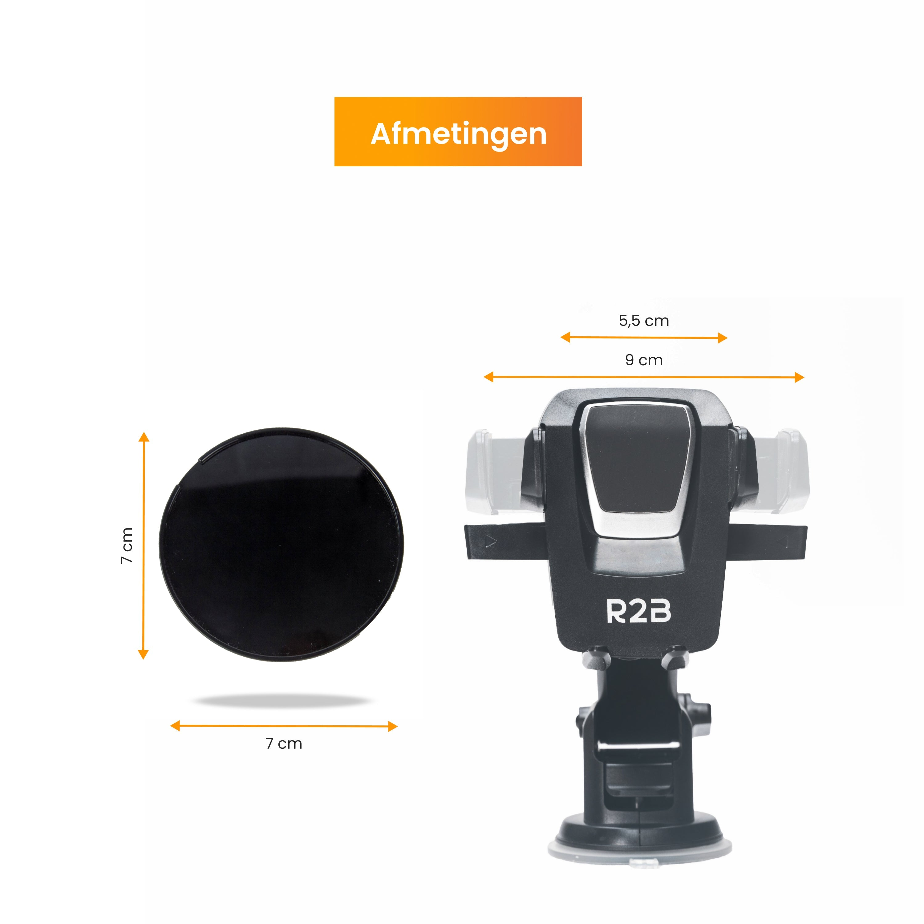 Zwarte telefoonhouder voor in de auto met afmetingen: 7 cm, 7 cm, 5,5 cm en 9 cm.