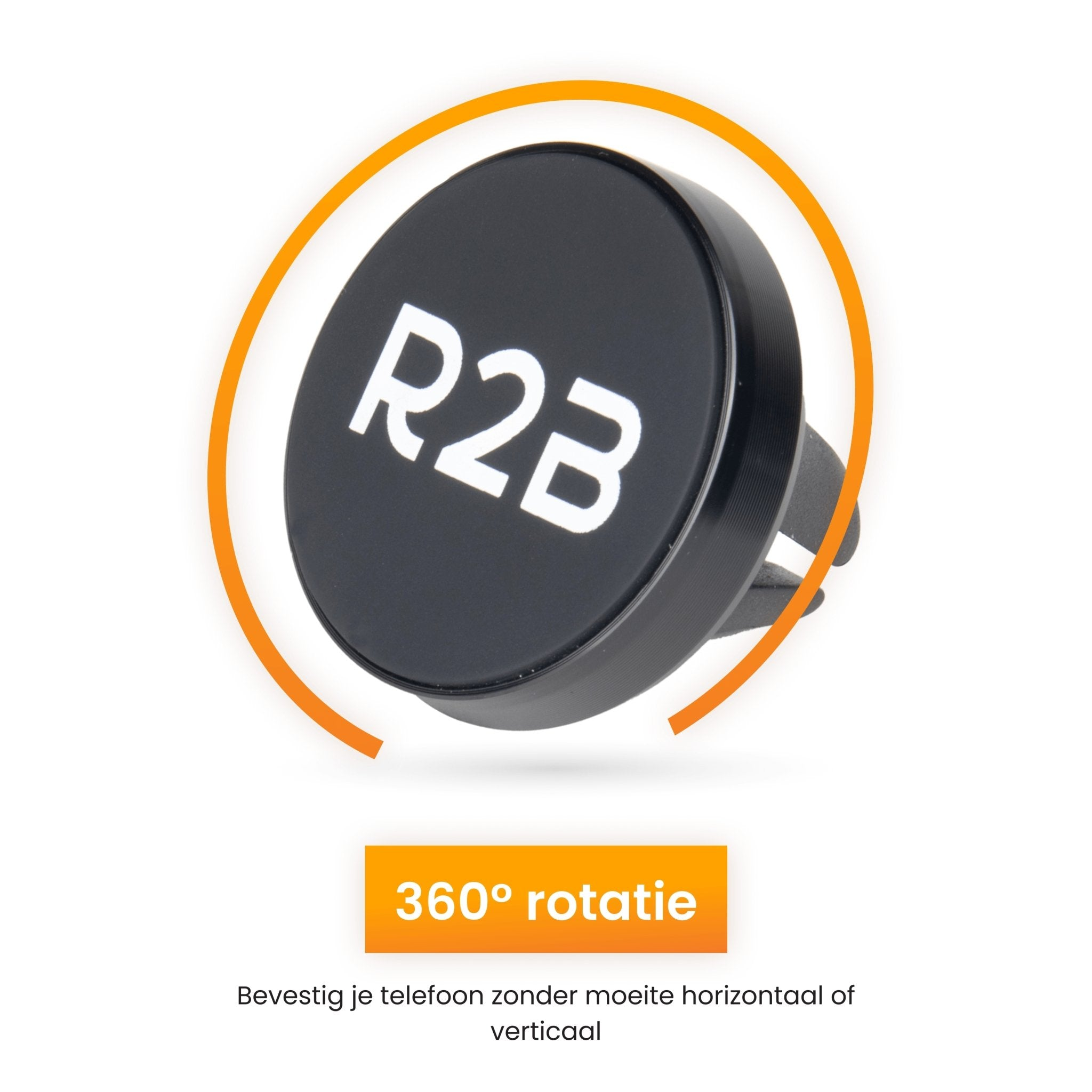 Een zwarte magnetische telefoonhouder voor in de auto met een oranje ring.