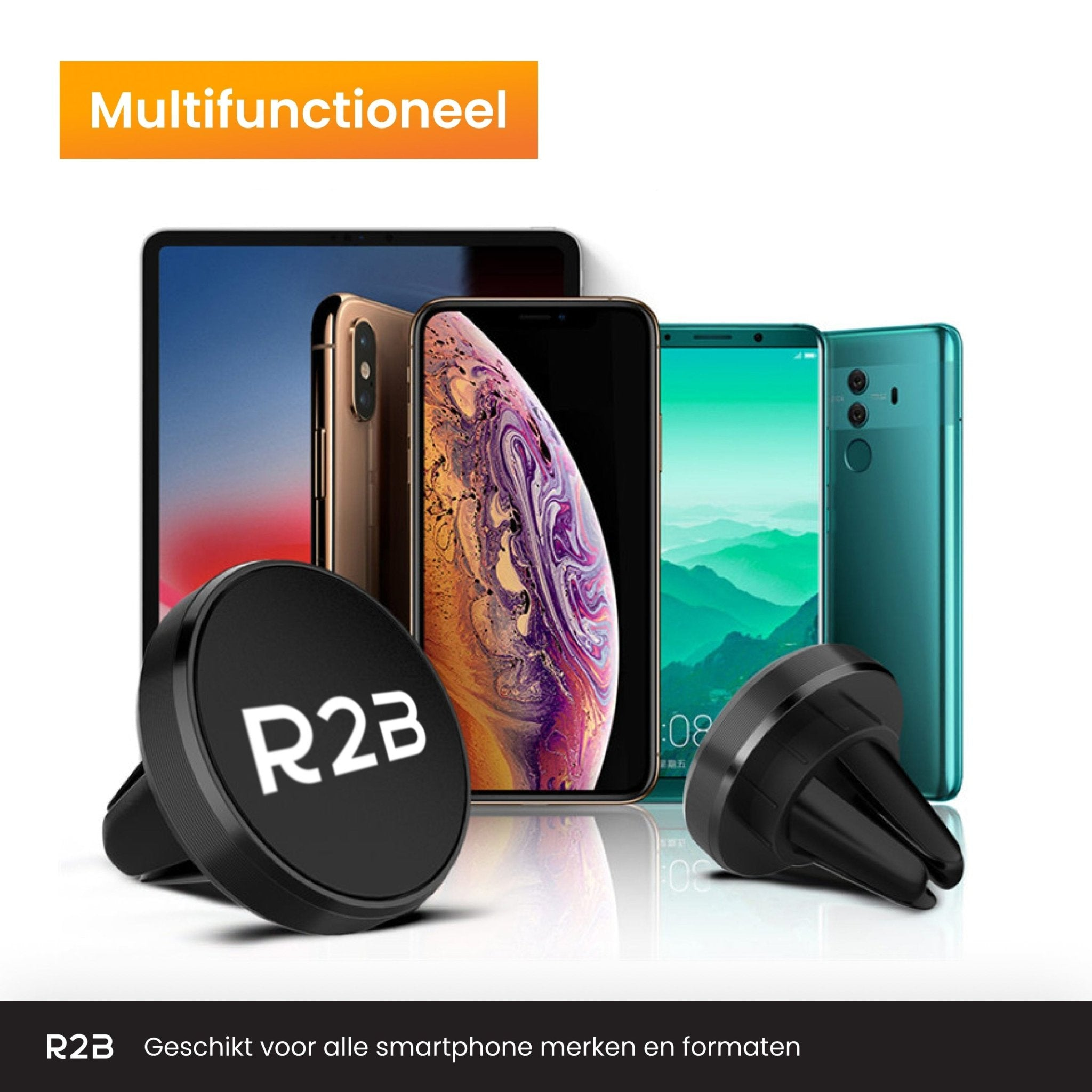 Assortiment smartphones en accessoires, waaronder een telefoonhouder, weergegeven op een wit oppervlak.