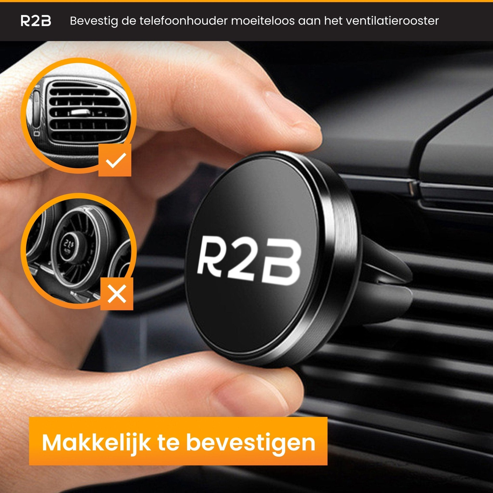 Een telefoonhouder bevestigd aan het ventilatierooster van een auto.