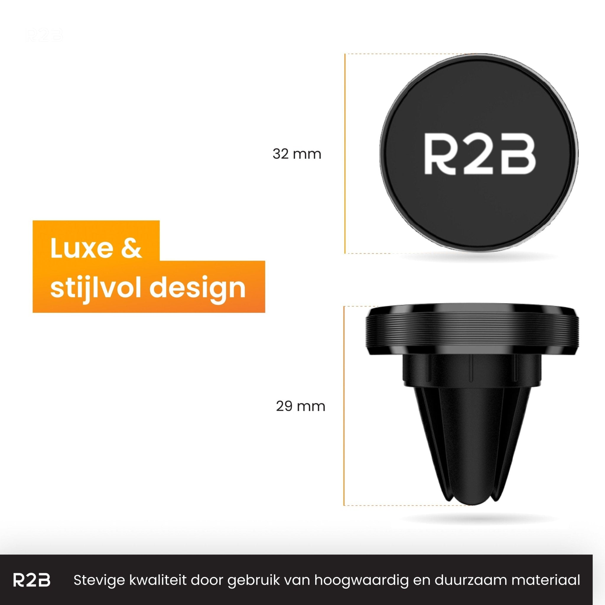 Zwarte autotelefoonhouder met afmetingen. De bovenkant is rond met 'R2B', de onderkant is een clip.