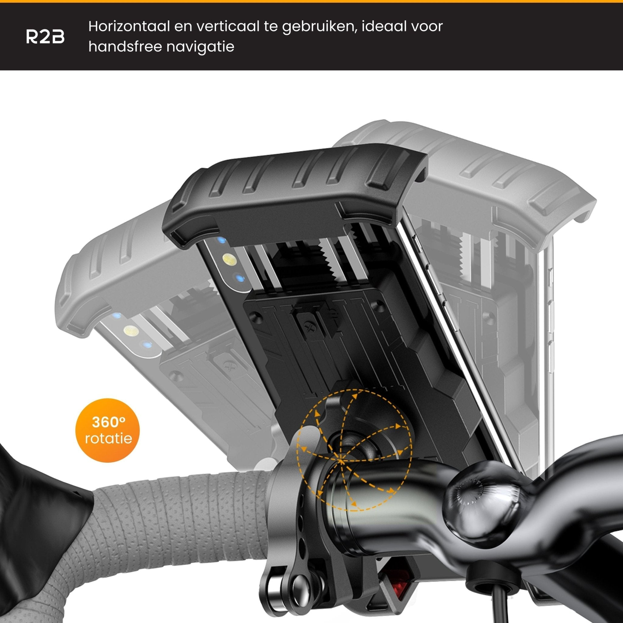 Zwarte telefoonhouder op een fiets. Toont een zwarte telefoon, met grijs stuur.