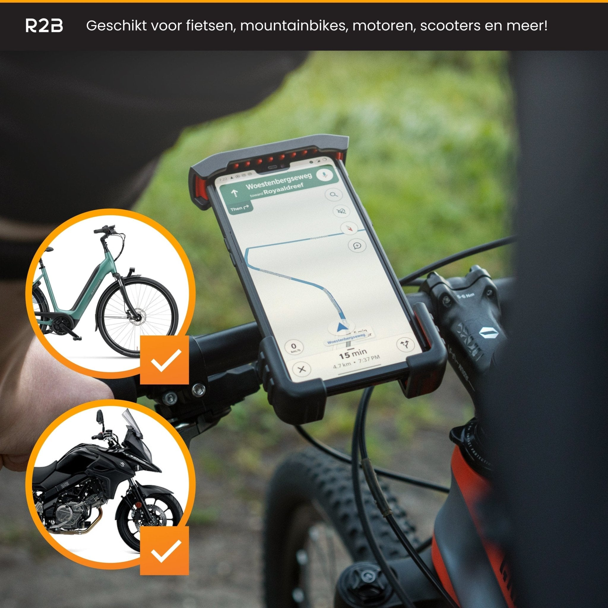 Telefoon op fiets, toont routekaart. Fiets en motor op achtergrond.