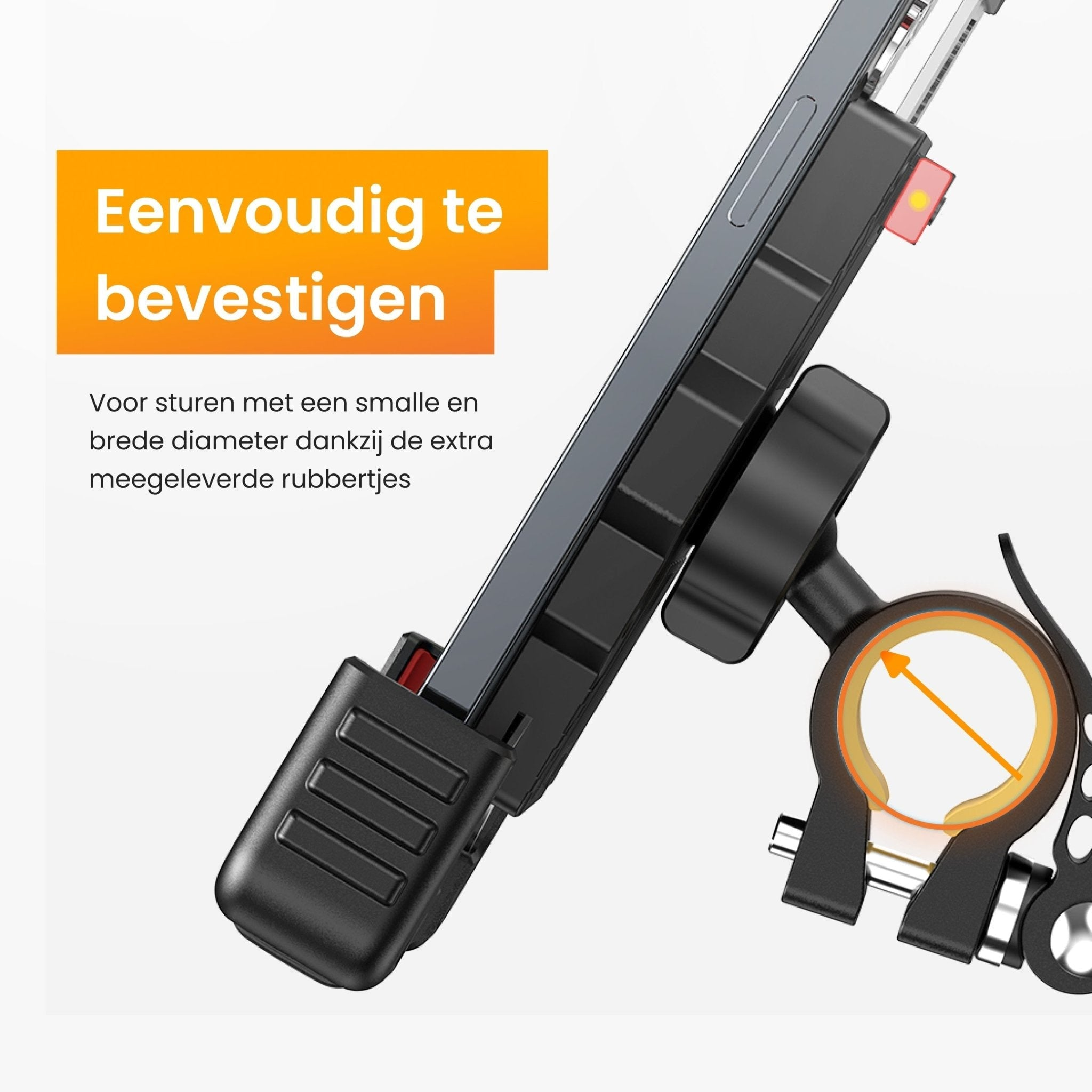 Zwarte telefoonhouder bevestigd aan een stuur. Een pijl geeft aan hoe je hem aan een stuur bevestigt.
