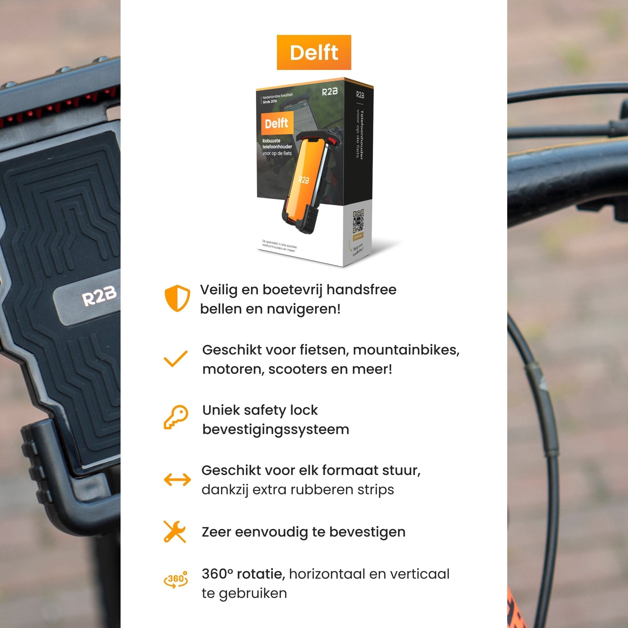 Een telefoonhoesje doos en tekst die functies beschrijven: veilig, geschikt voor fietsen, uniek veiligheidsslot.