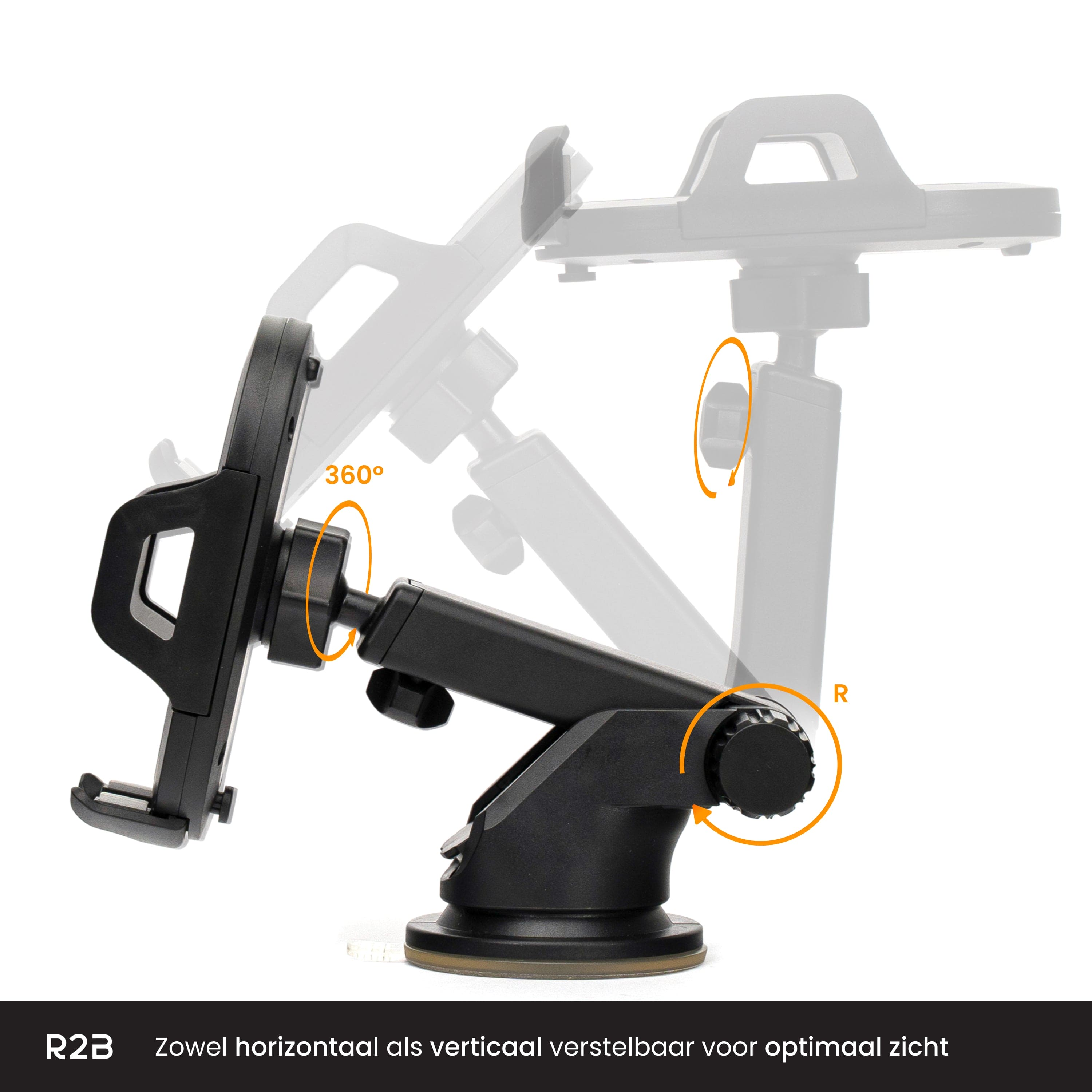 Support de téléphone noir pour voiture avec flèches de rotation. Texte : réglable pour une vue optimale.