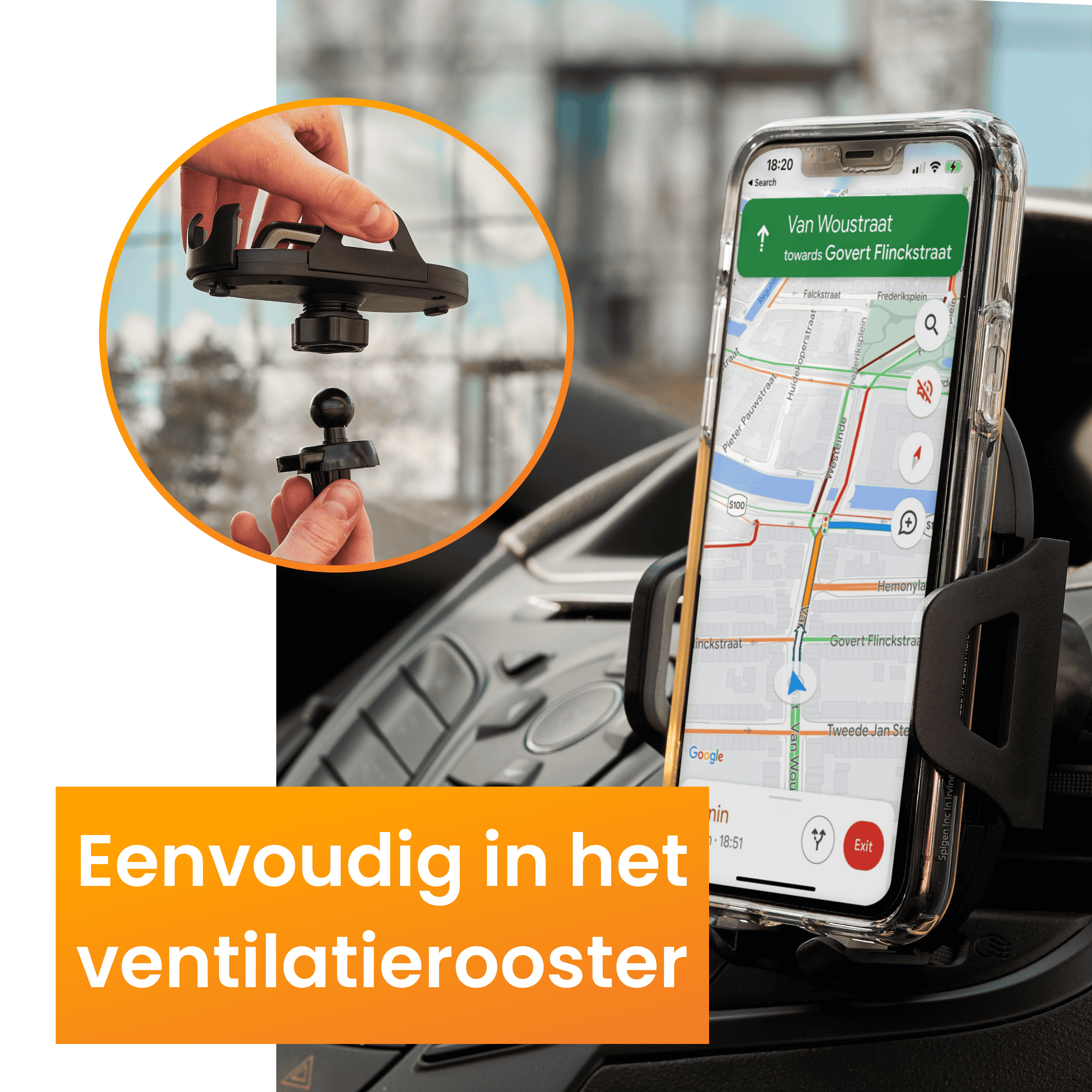 Un téléphone dans un support de voiture affiche une carte avec des directions. Texte : Facile à installer.
