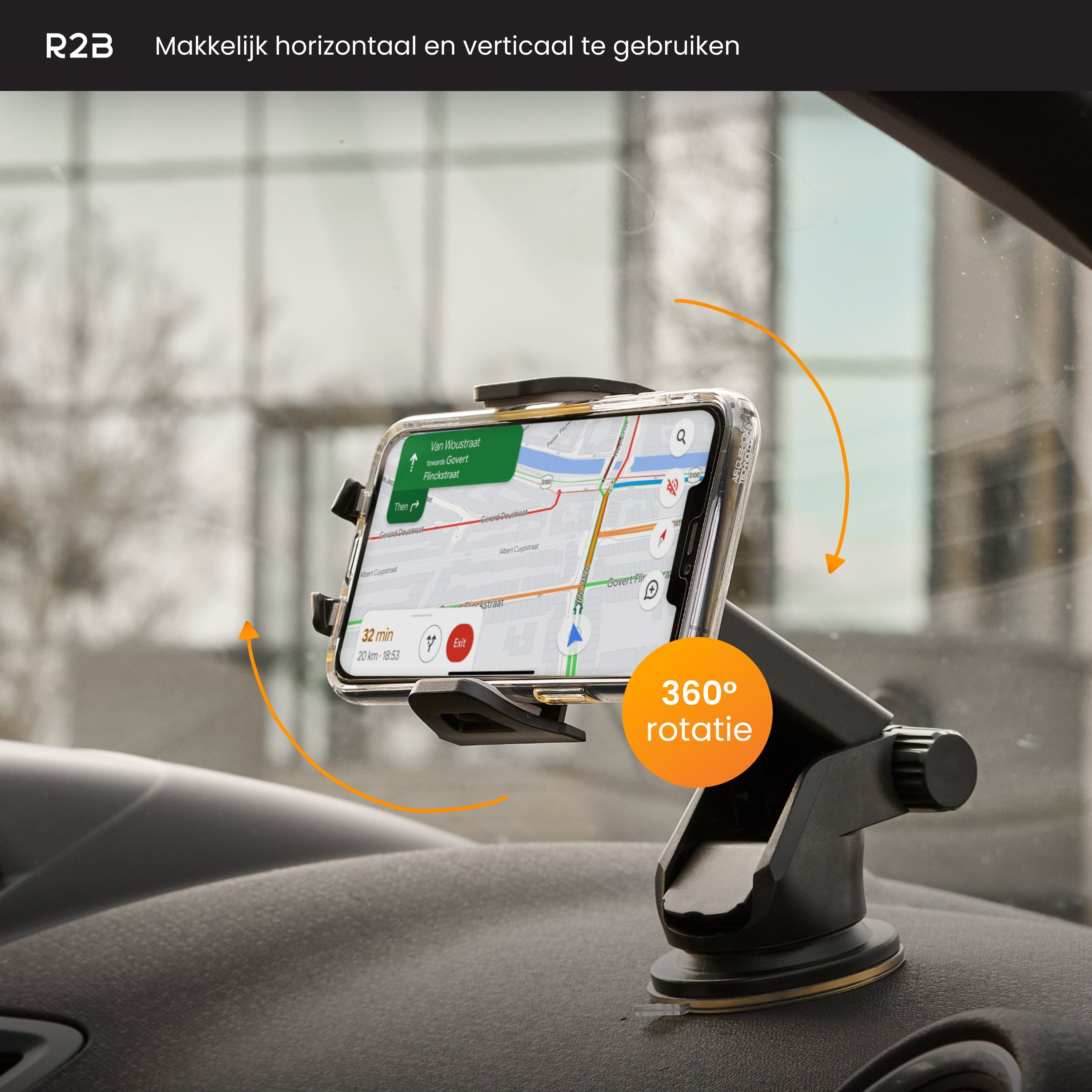 Un téléphone monté dans une voiture, affichant une appli de navigation, avec pivot.