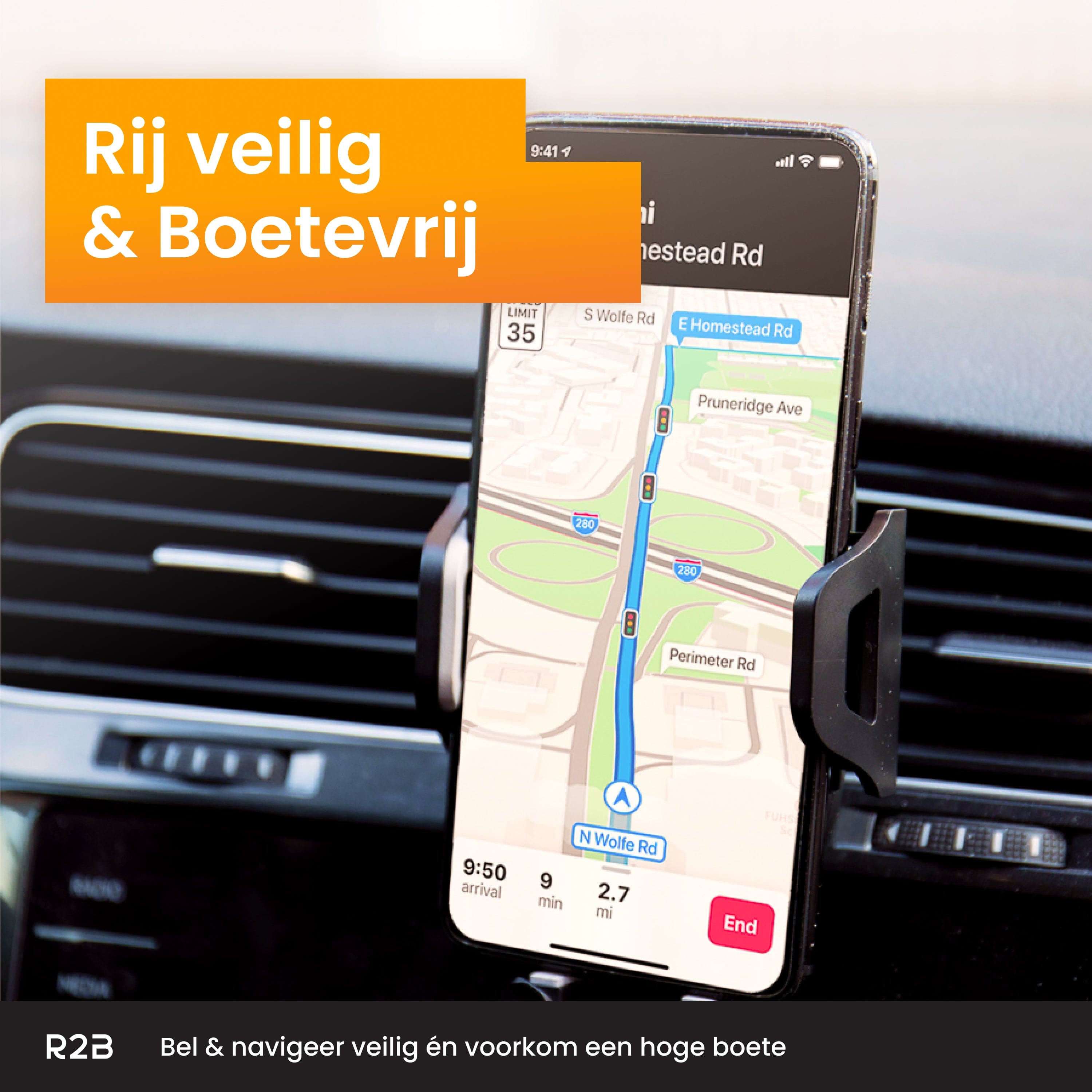 Smartphone affichant une carte dans une voiture, monté sur un support.