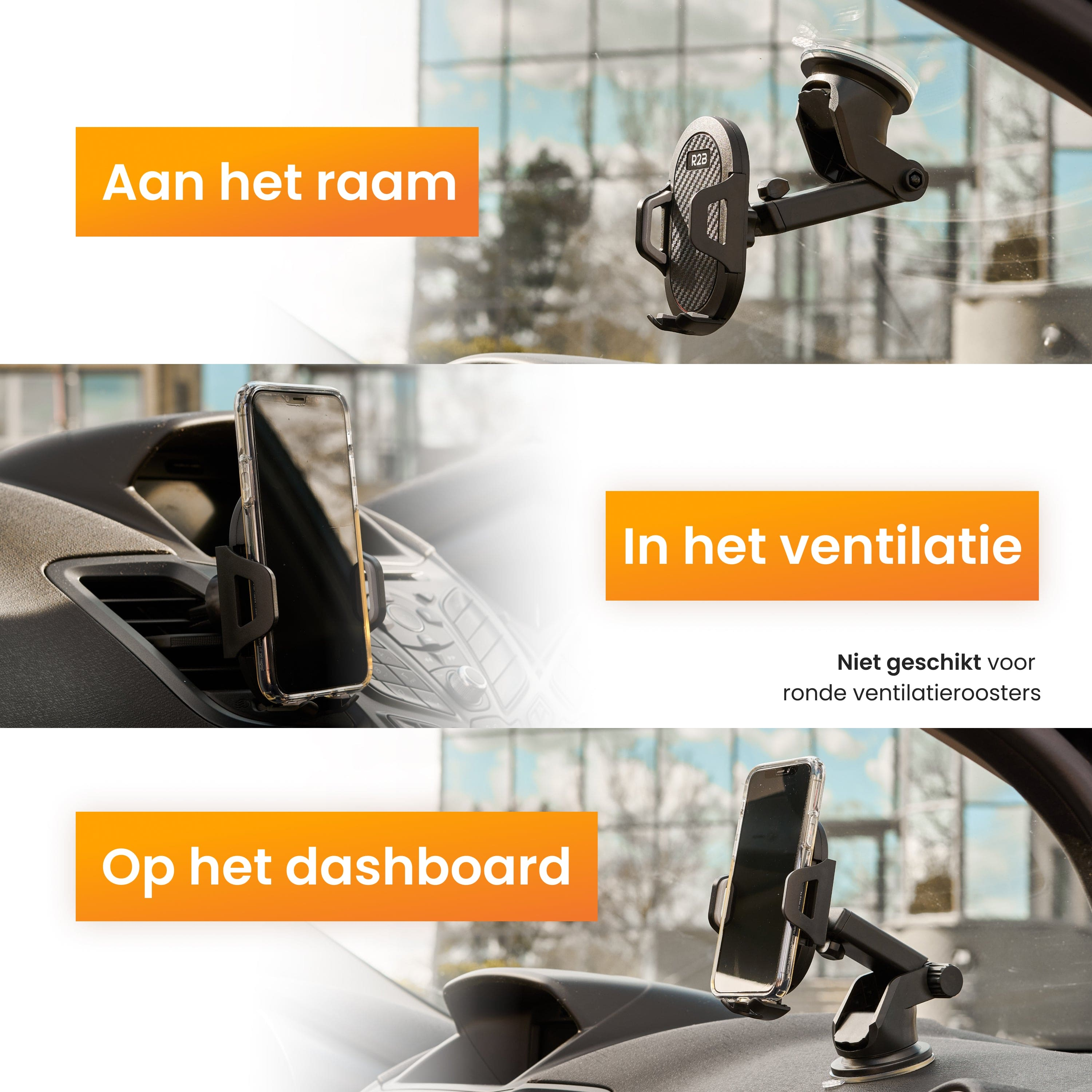 Trois images présentant des supports de téléphone pour une utilisation en voiture : vitre, ventilation et tableau de bord.