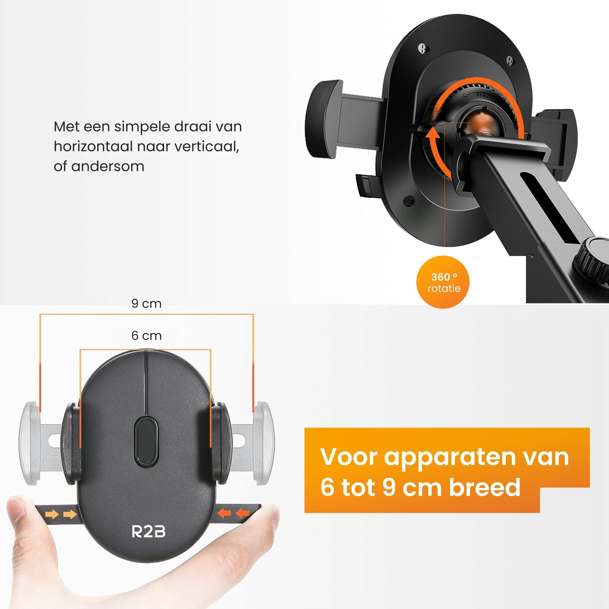 Kfz-Telefonhalter mit Telefon. Der Halter dreht sich um 360 Grad und passt für Telefone.