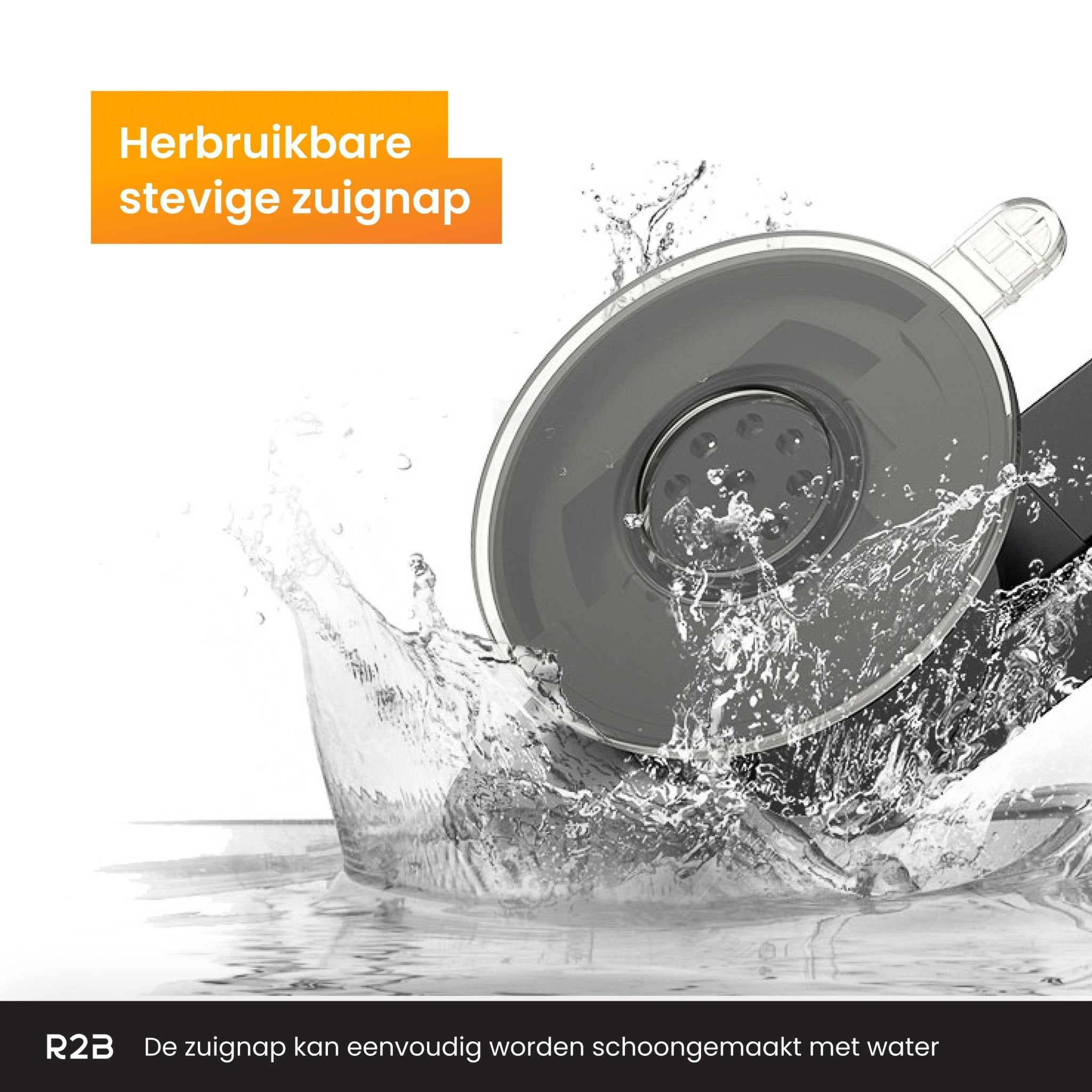 Wasser spritzt auf einen grauen Saugnapf. Der Saugnapf ist an einem schwarzen Objekt befestigt.