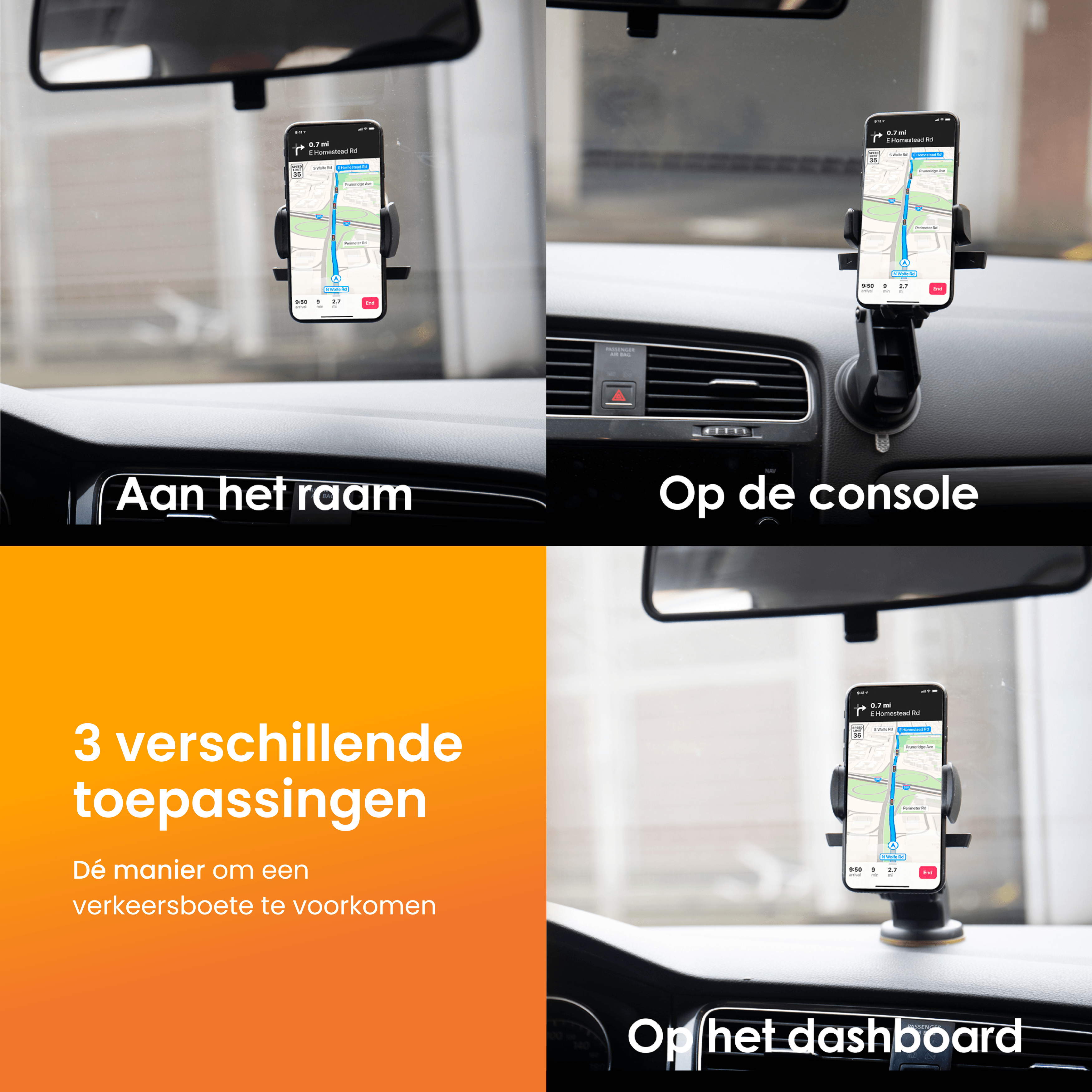 Drei Bilder, die verschiedene Telefonhalterungen im Auto zeigen: am Fenster, an der Konsole und am Armaturenbrett, mit Text.