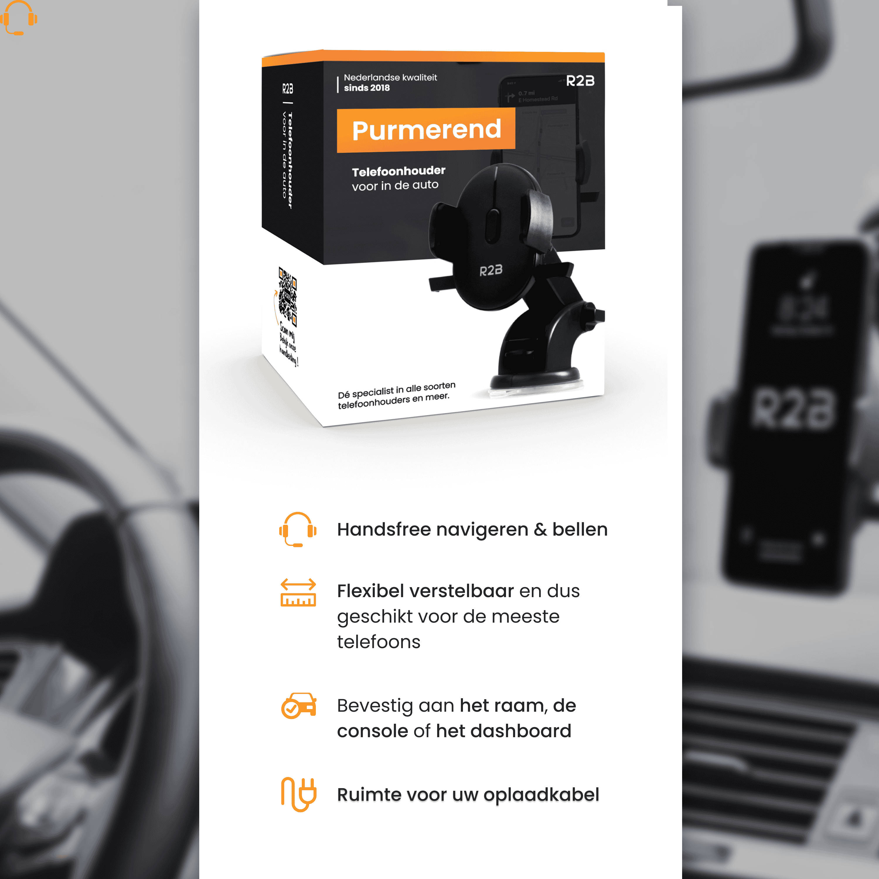 Eine Autotelefonhalterung und Produktdetails. Der Halter ist schwarz.
