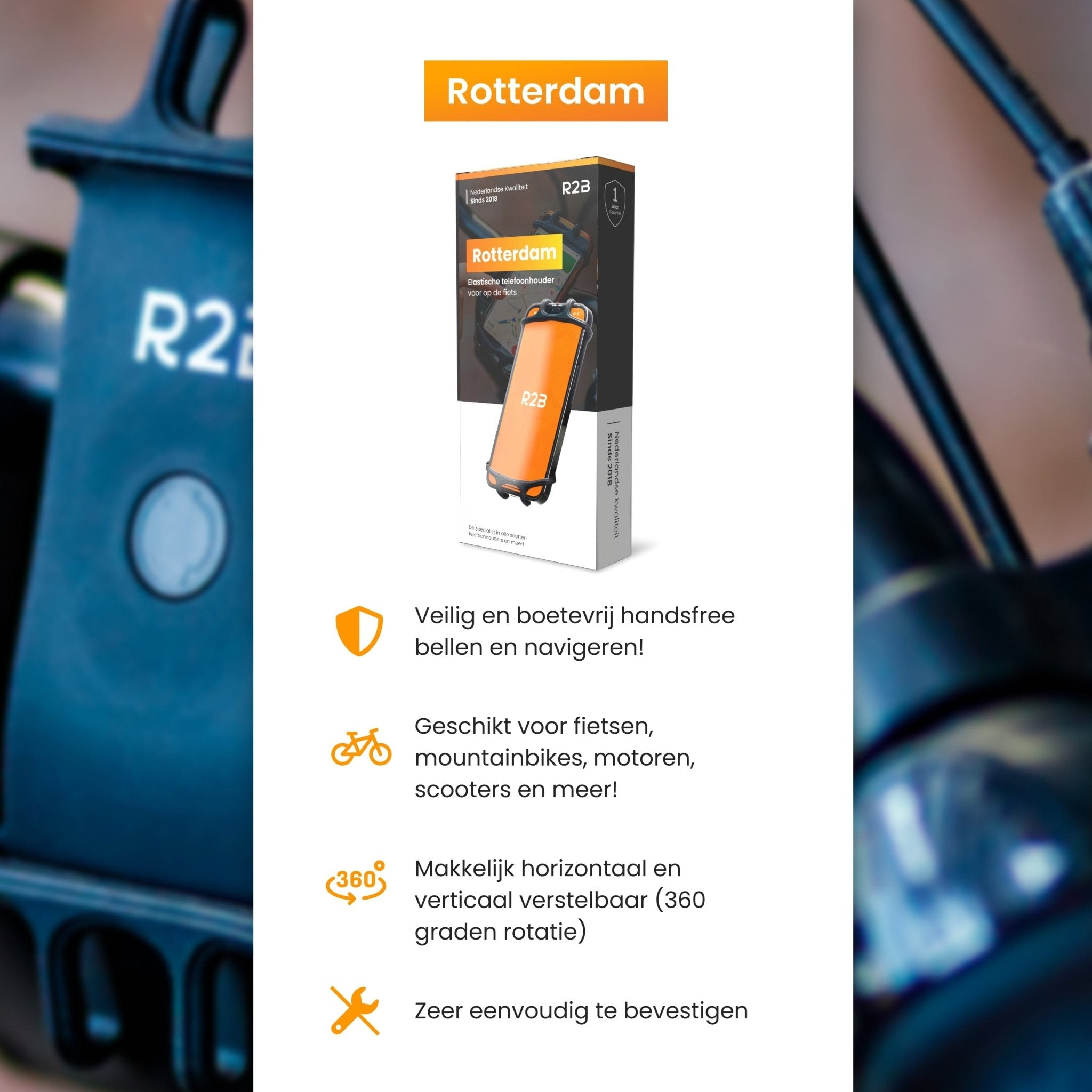 Productverpakking voor een telefoonhouder met de naam 'Rotterdam'. De achtergrond is een weg.