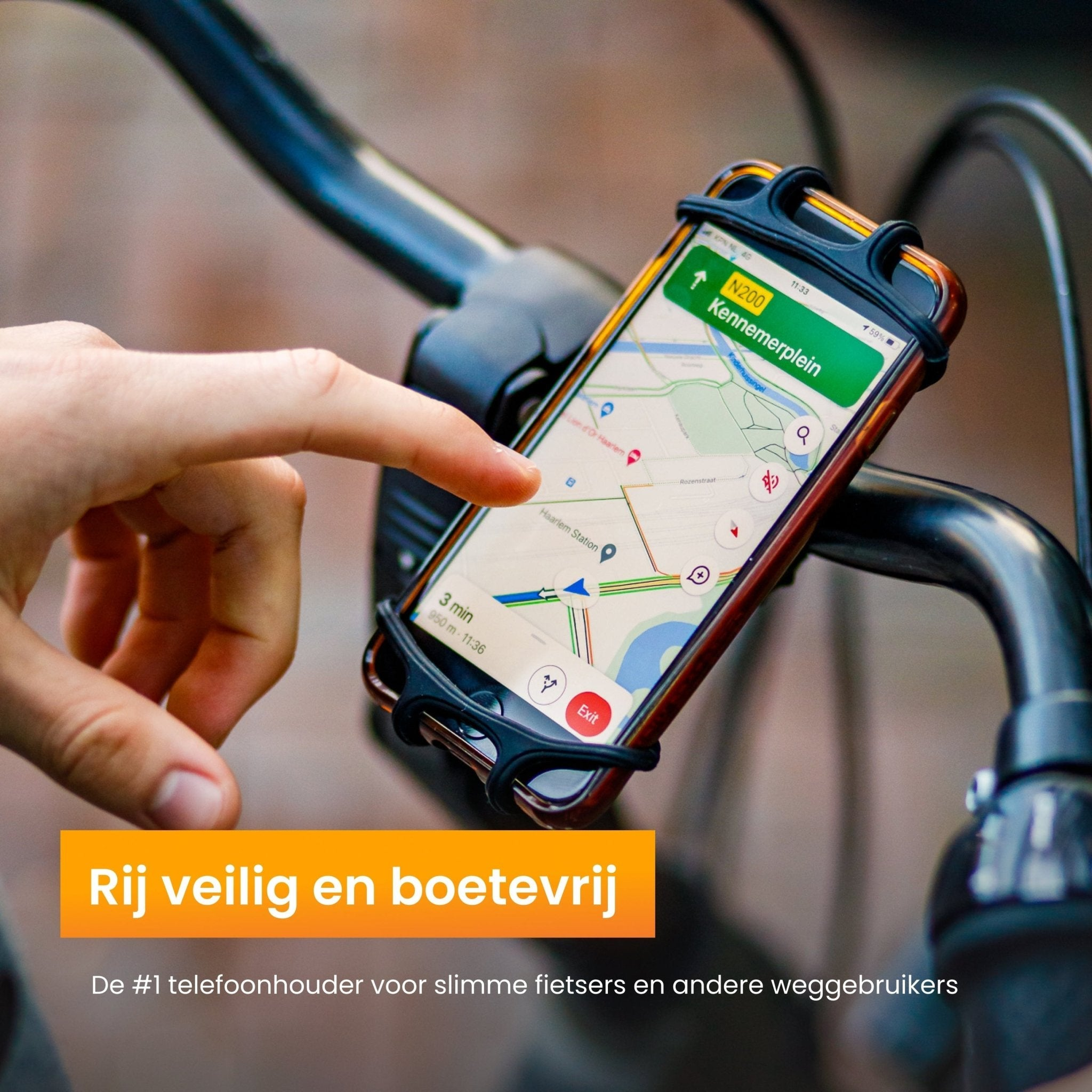 Een telefoon op een fiets met een kaart. Tekst zegt: rijd veilig.