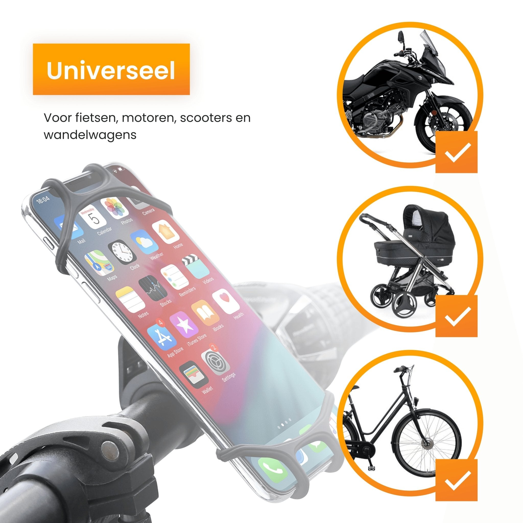 Een telefoon in een universele telefoonhouder. Er zijn foto's van een motor, kinderwagen en fiets.