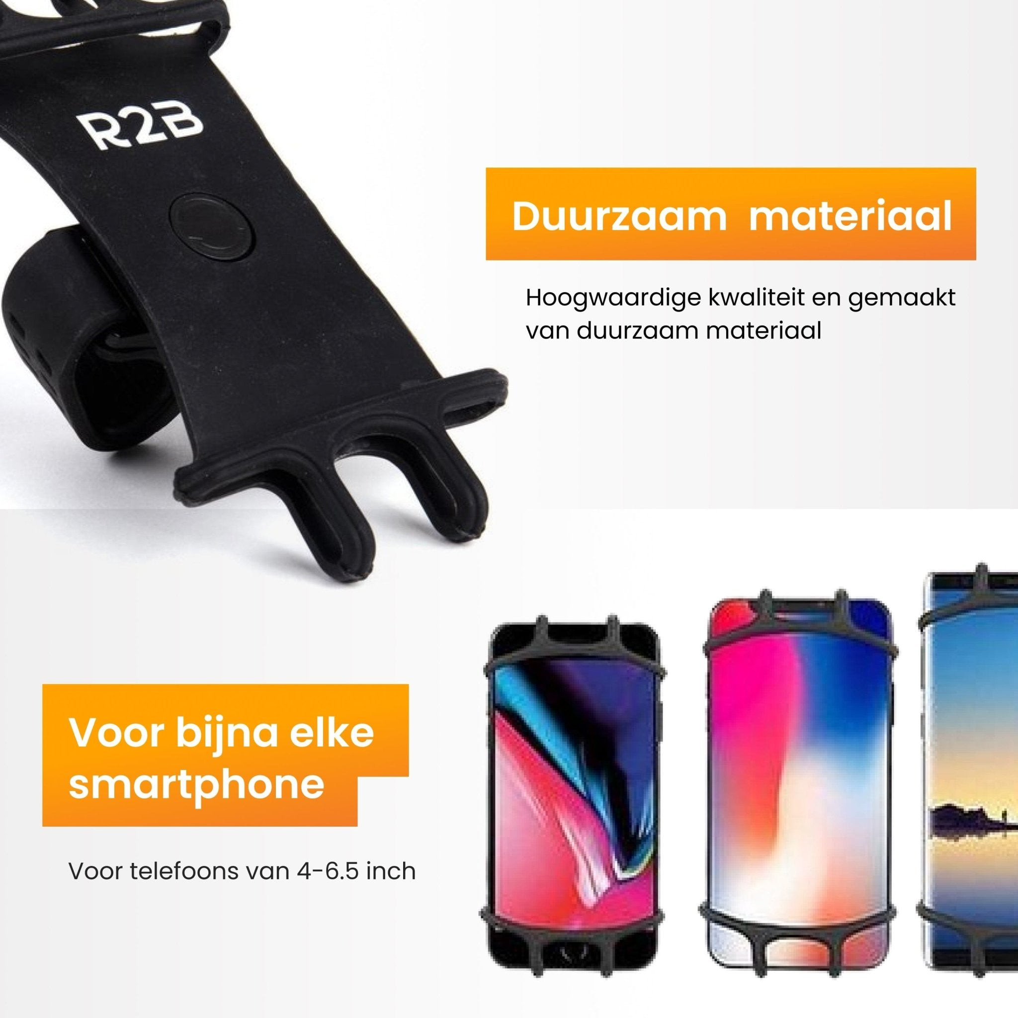 Smartphonehouder met telefoons erin, en tekst over duurzaam materiaal.