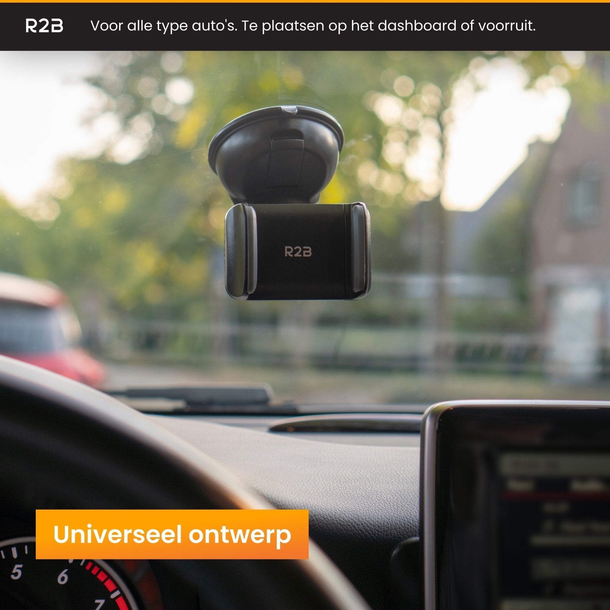 KFZ-Telefonhalter an der Windschutzscheibe. Text: Universelles Design.