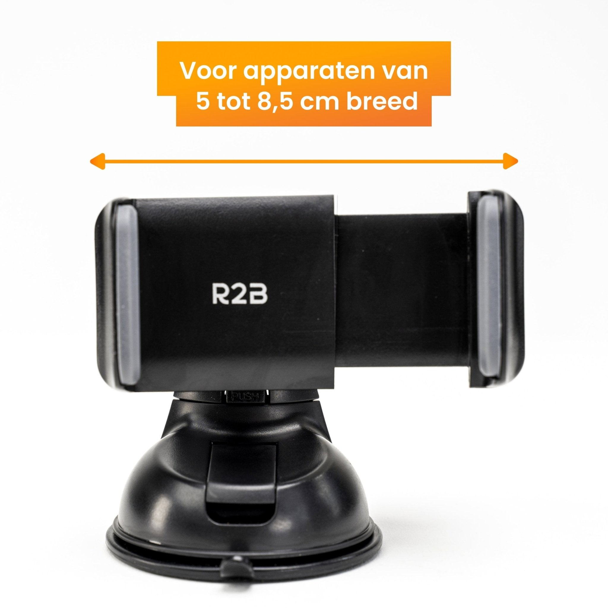Schwarzer Telefonhalter mit Saugnapf und R2B-Logo, Text: 5 bis 8,5 cm breit.