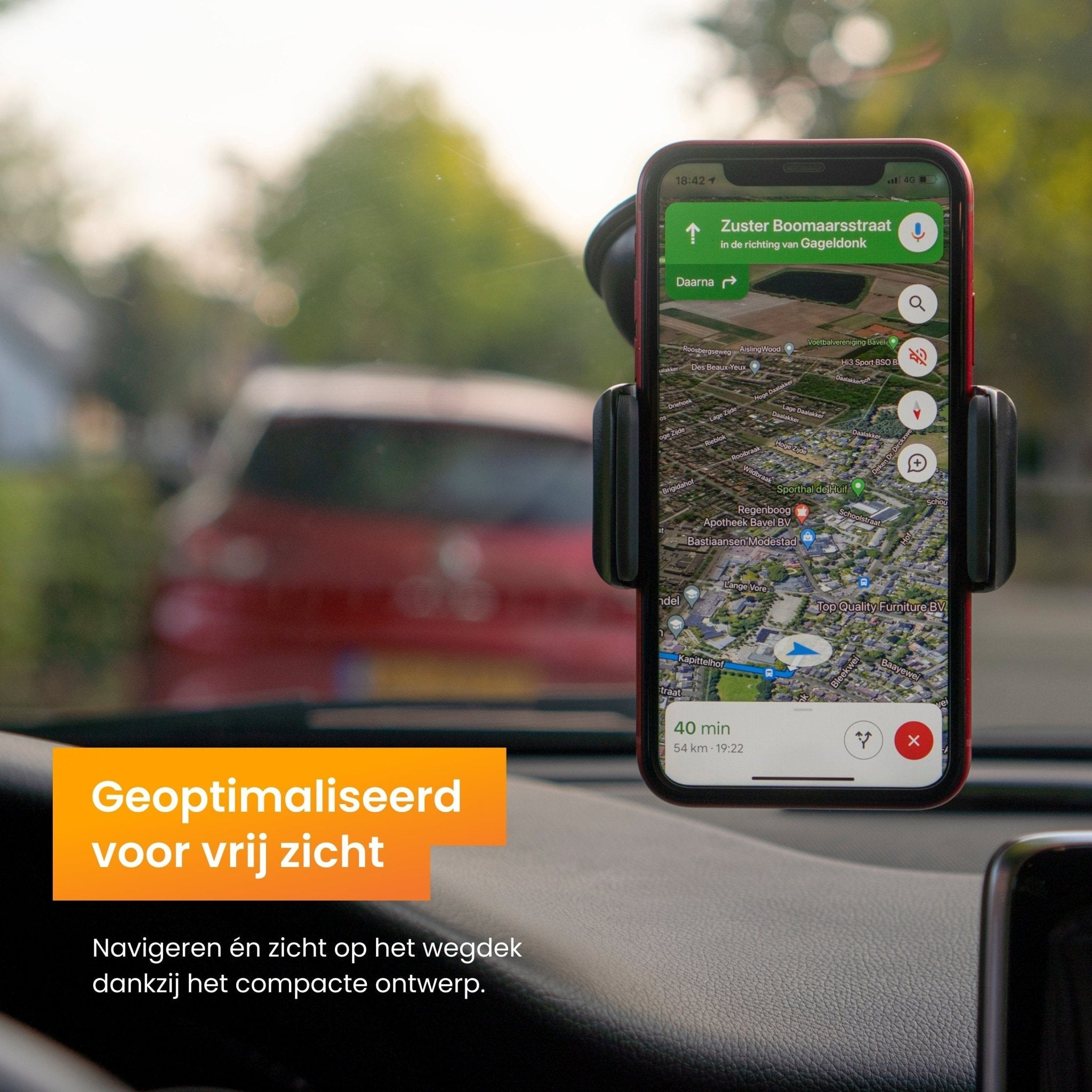 Rotes Telefon in Halterung auf Armaturenbrett mit Karte und Route.