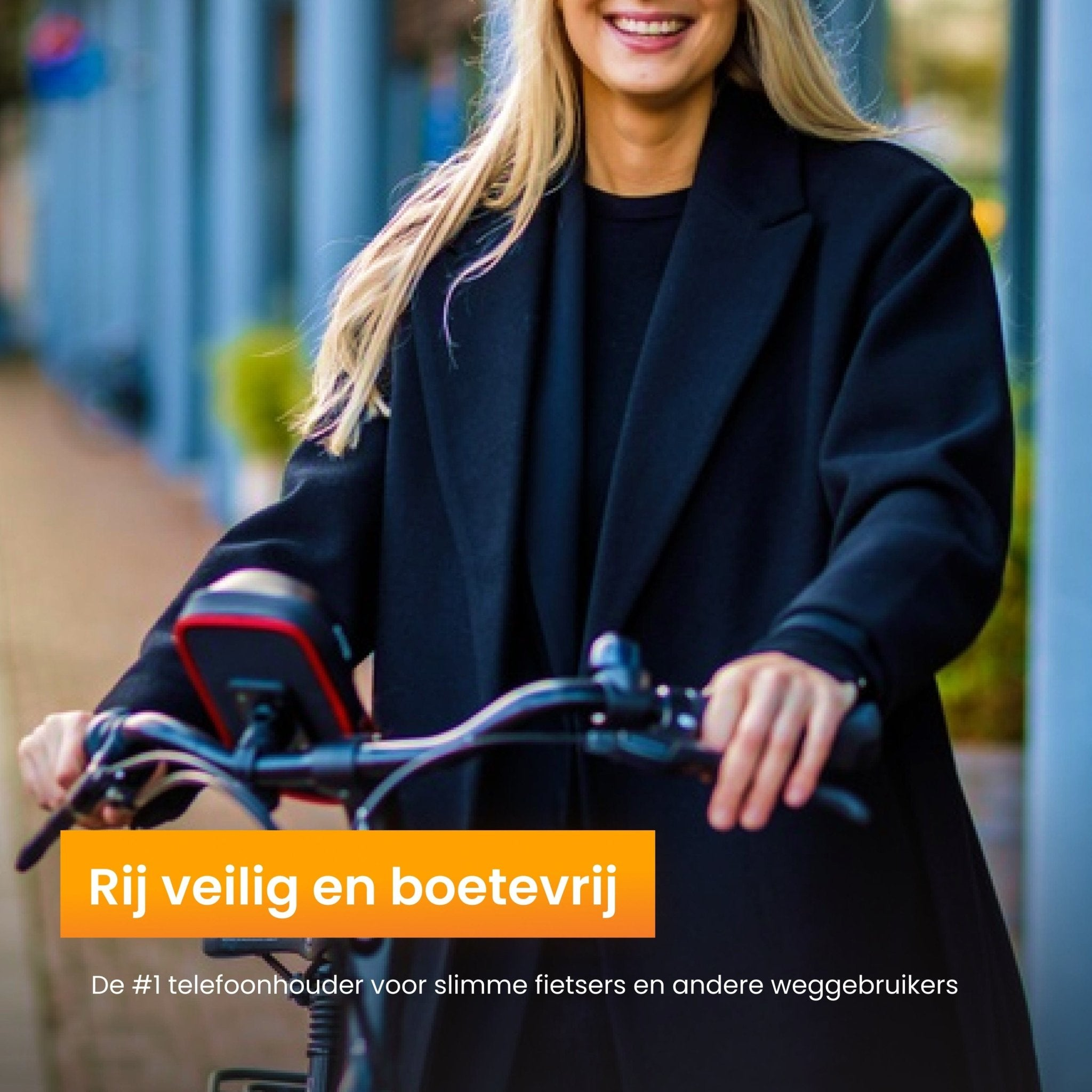 Vrouw op een fiets, tekst zegt 'Veilig rijden'.
