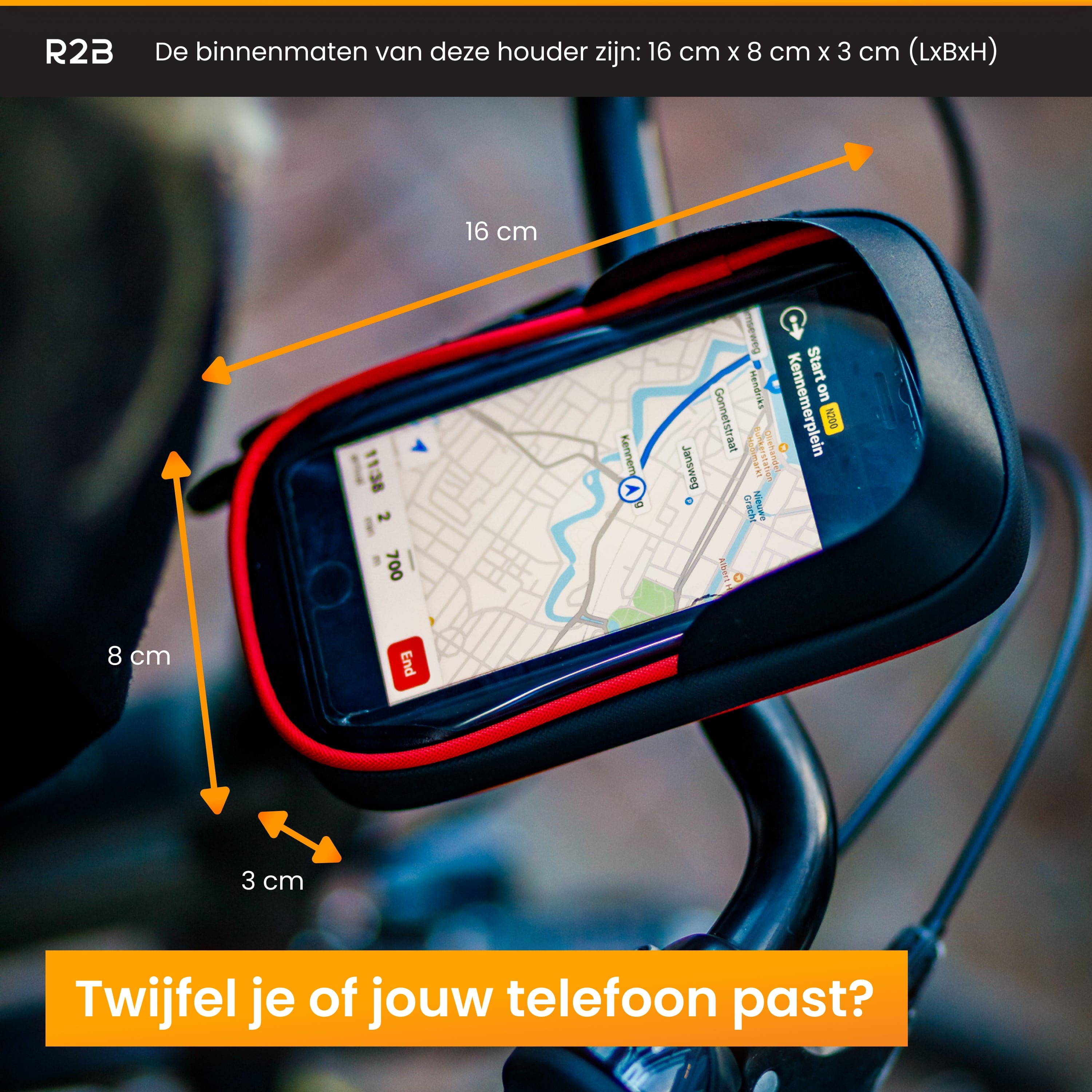 Zwarte telefoonhoes met smartphone in een fietshouder, met afmetingen.