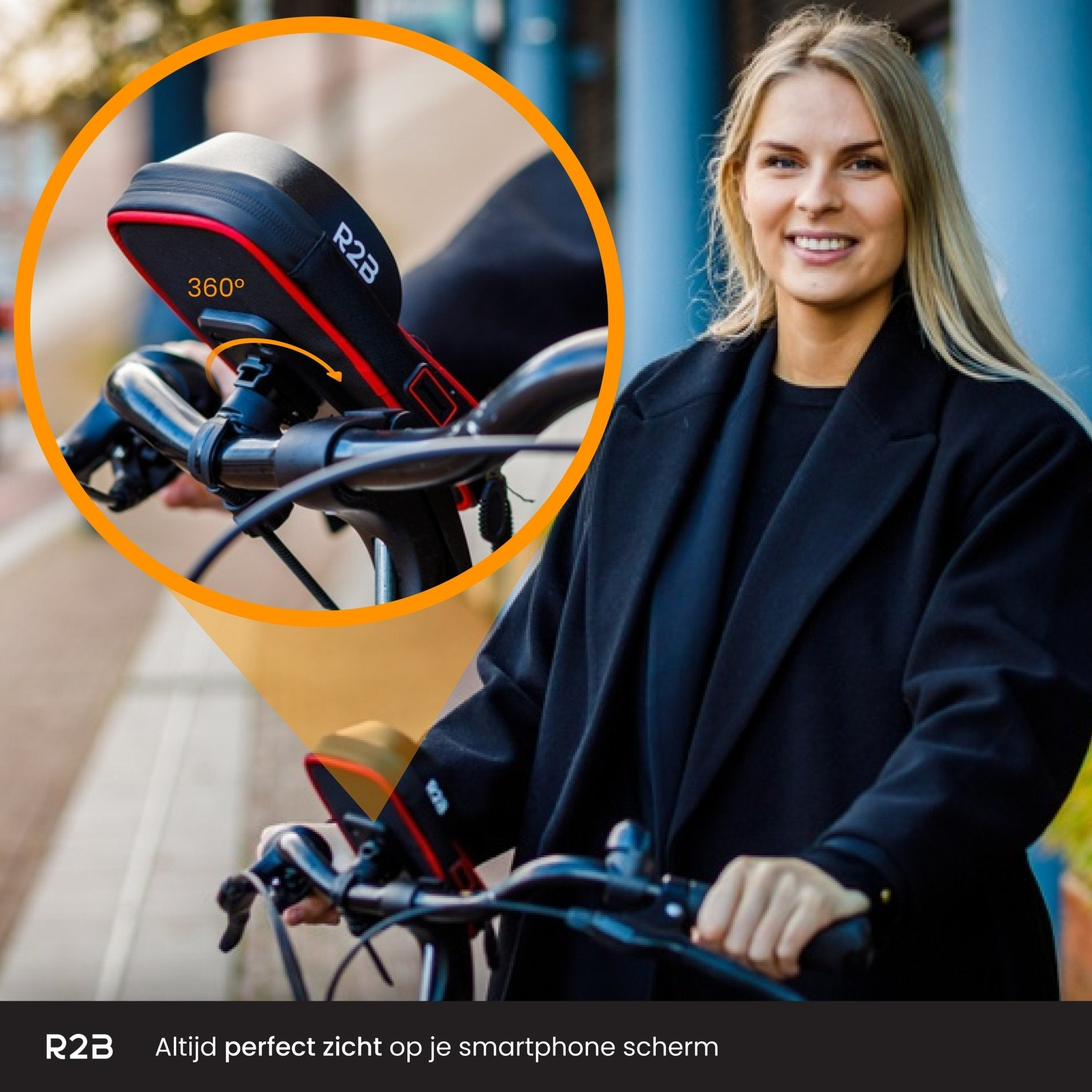 Een vrouw op een fiets met een smartphonehouder. De houder draait 360 graden.