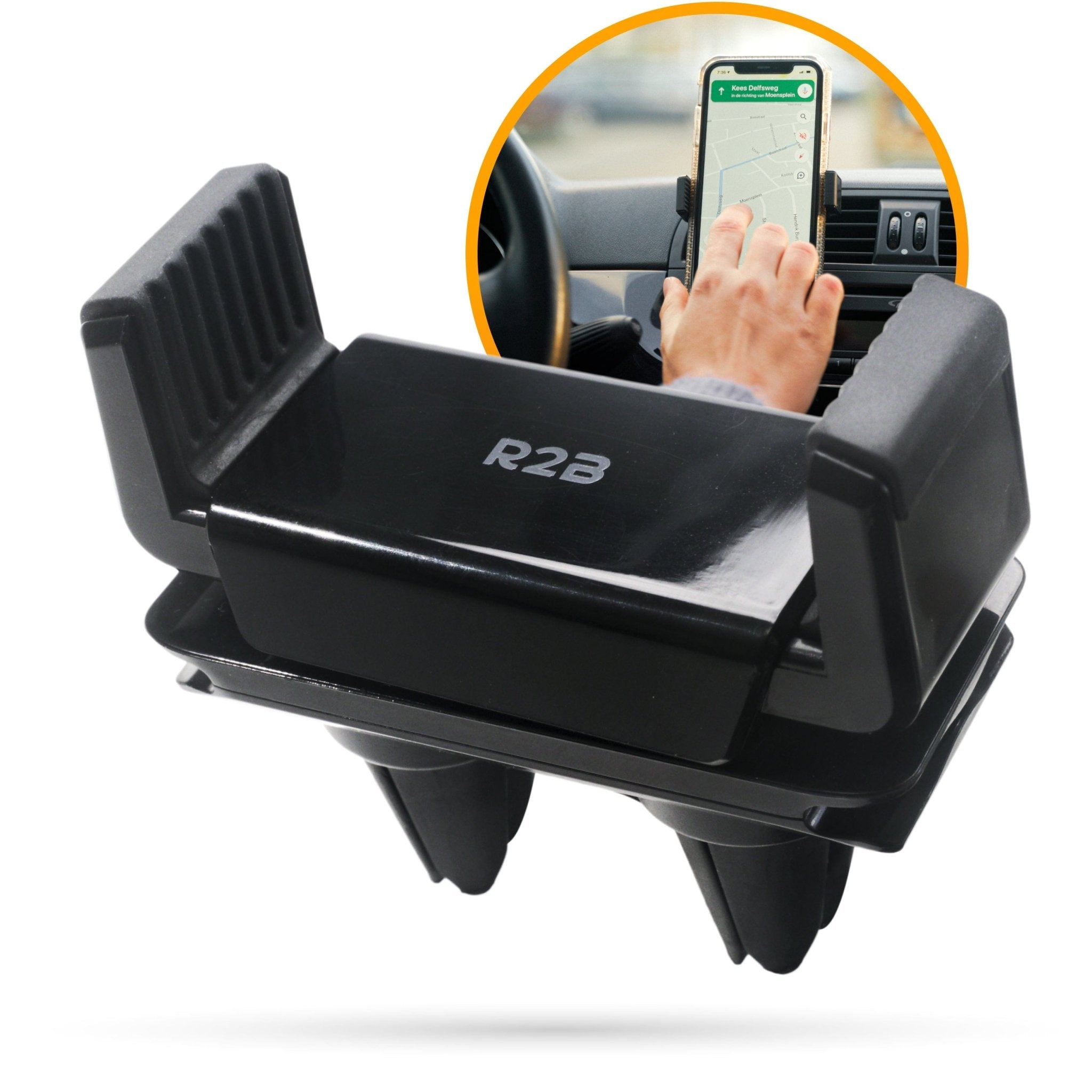Een telefoonhouder voor in de auto met een telefoon die een kaart laat zien.