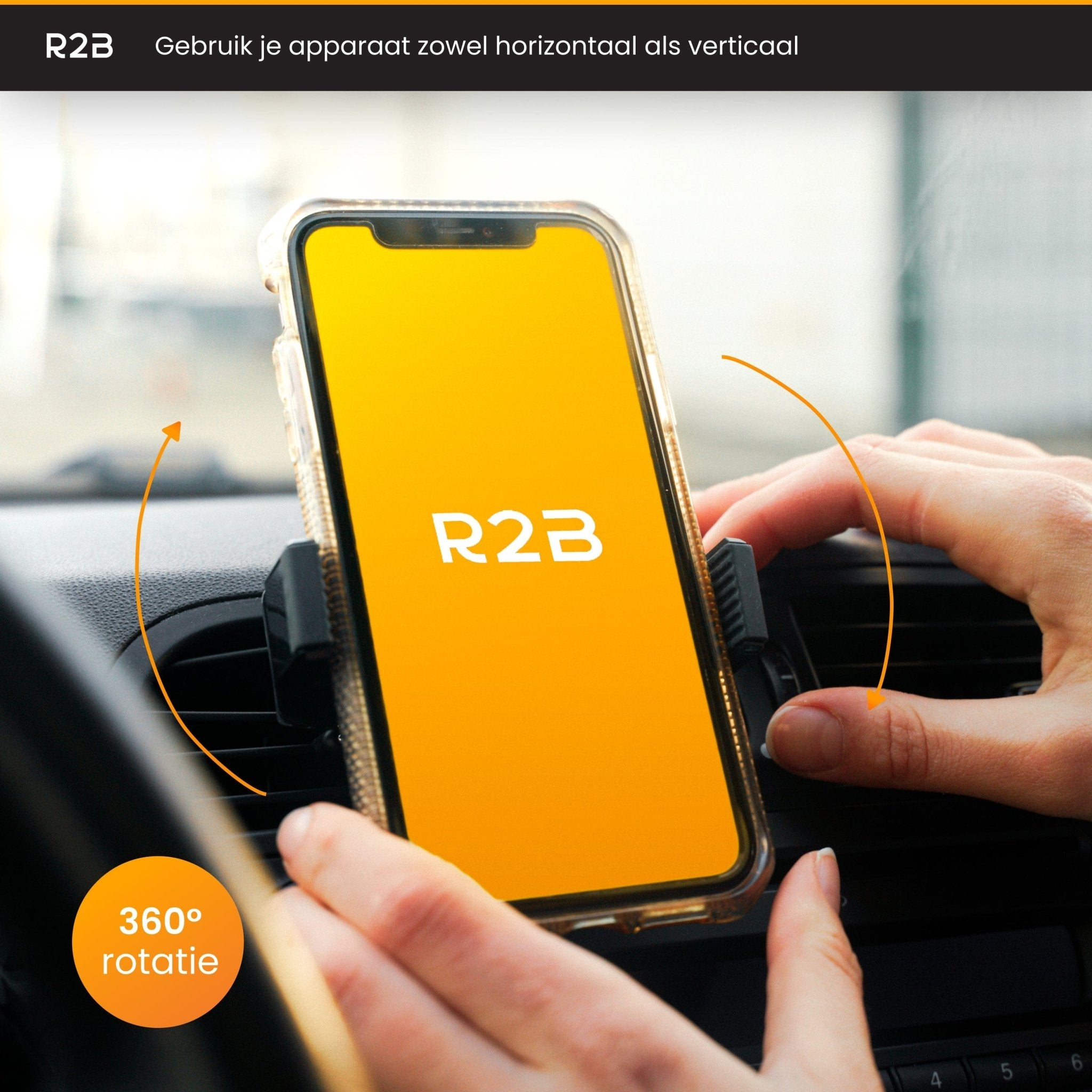 Telefoon in autohouder draait 360 graden, in een auto-interieur.