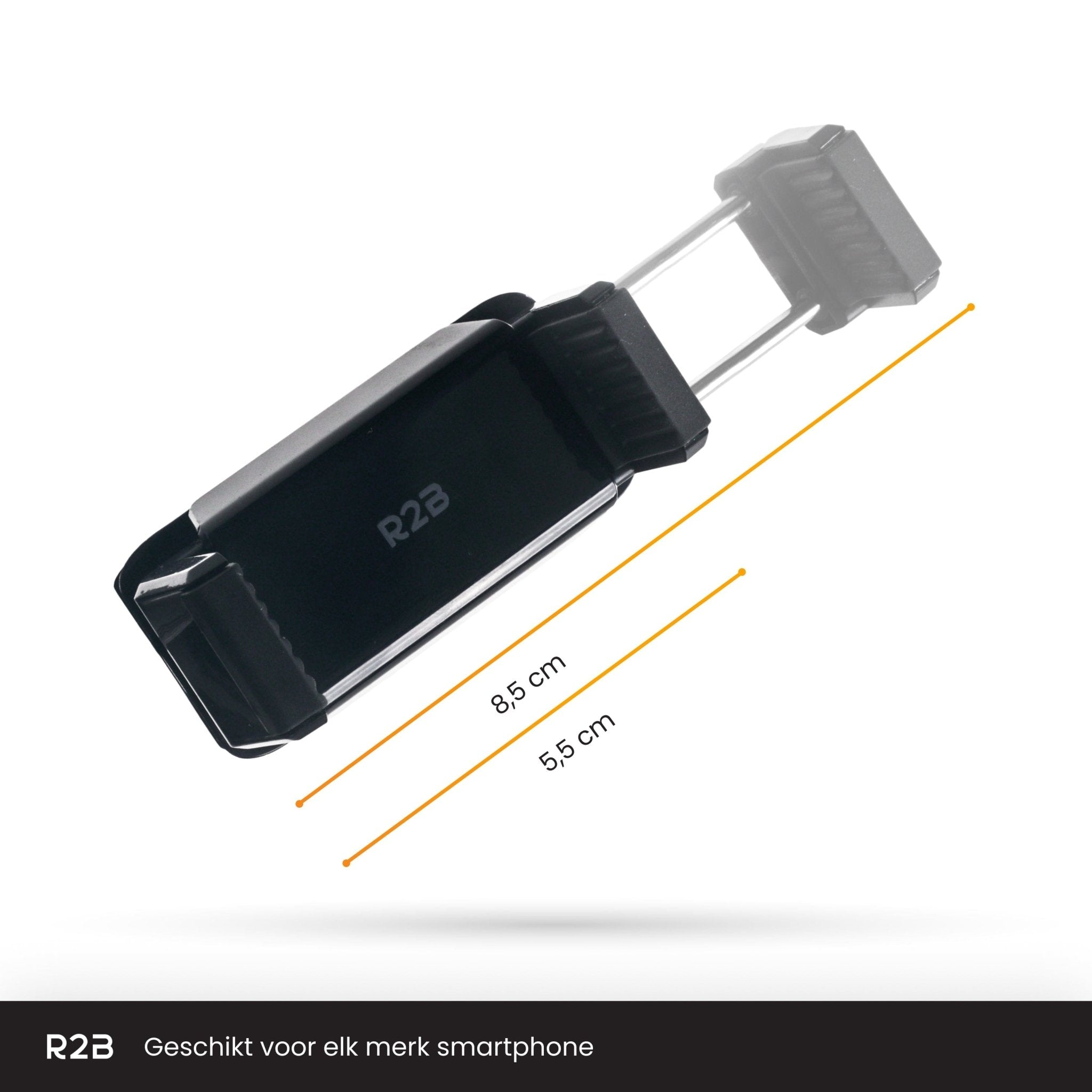 Zwarte telefoonhouder met afmetingen, met de tekst R2B. Geschikt voor elke smartphone.