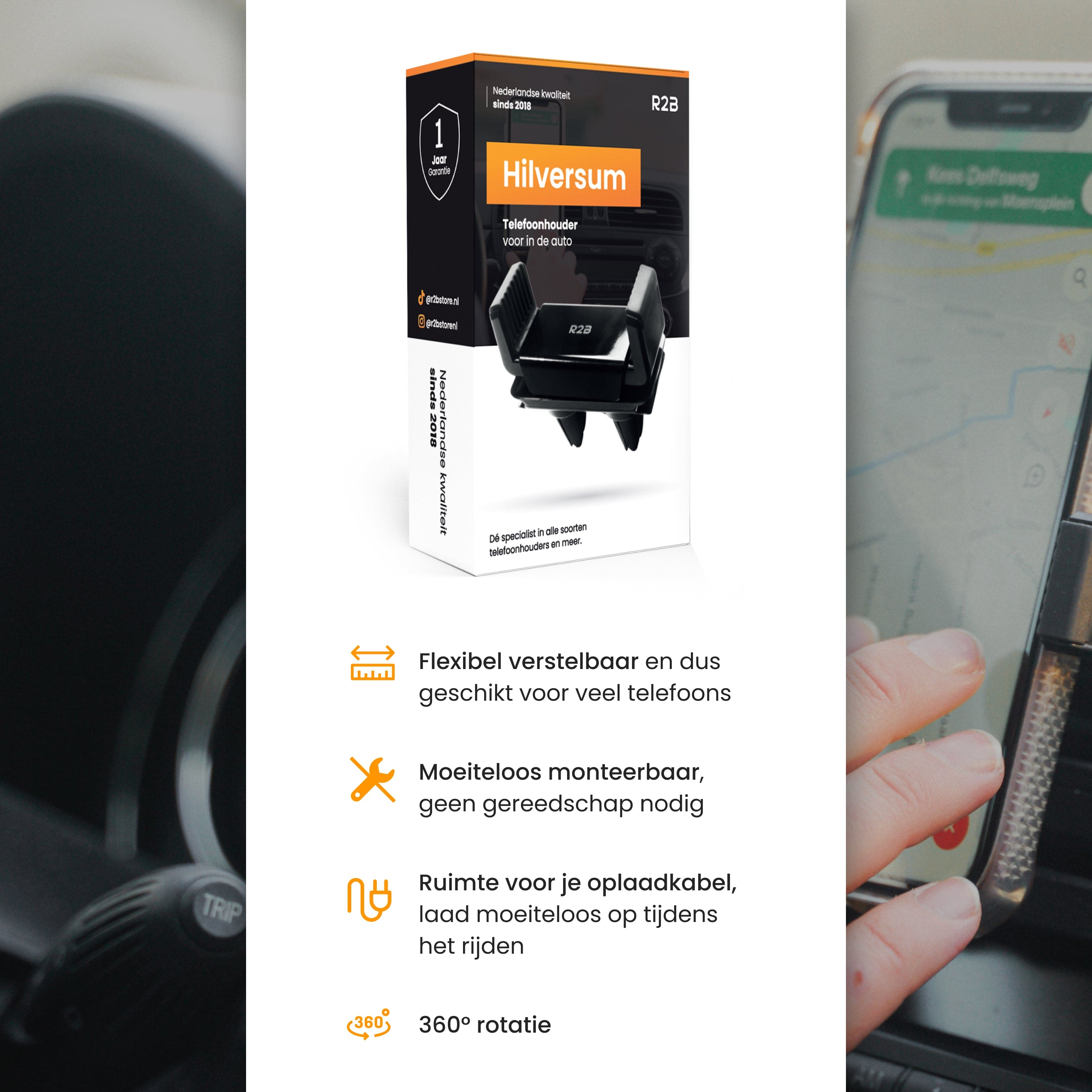 Telefoonhouder in auto, doos met tekst en iconen. Telefoon op de houder.