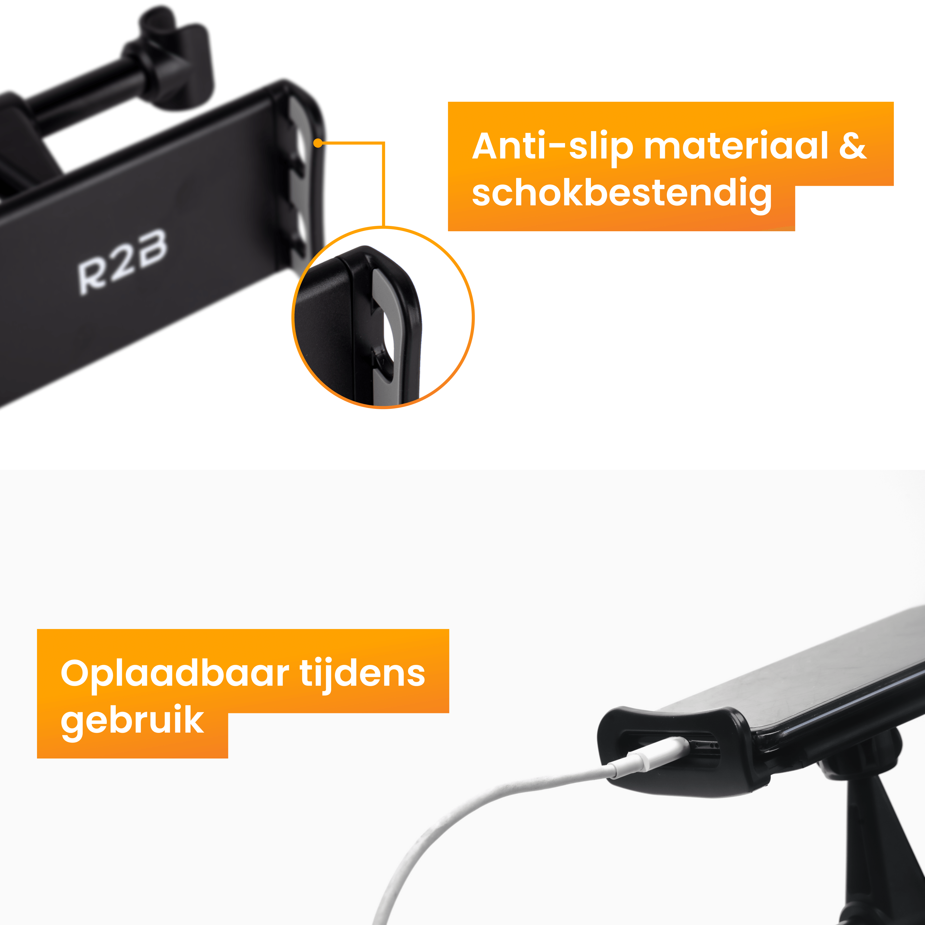Nahaufnahme eines schwarzen Telefonhalters mit Text. Der Halter ist als rutschfest und aufladbar gekennzeichnet.