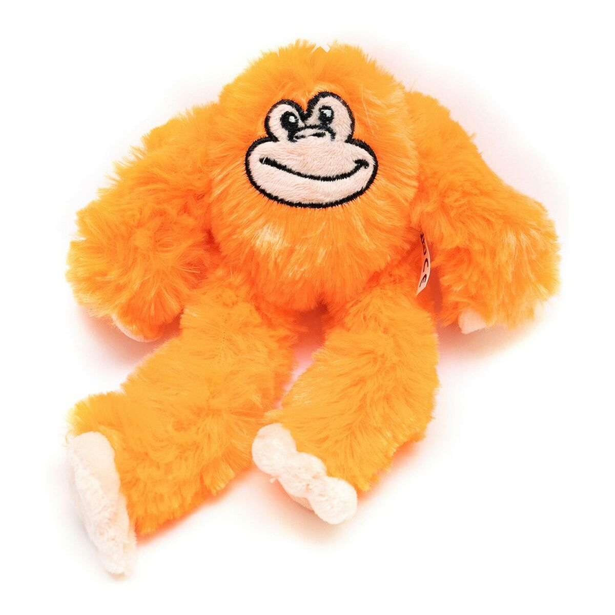 Peluche di un orangutan arancione, con faccia nera e piedi bianchi, su sfondo bianco.