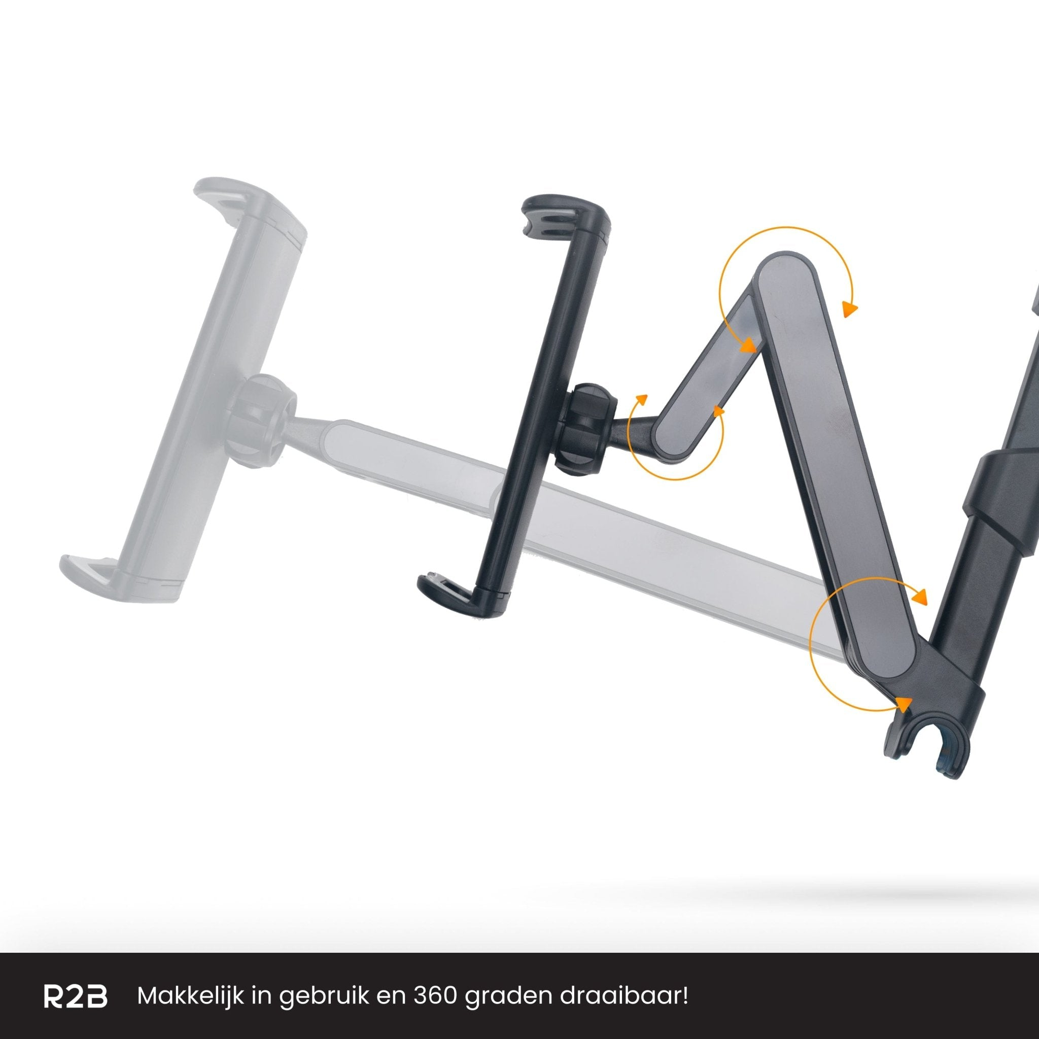 Verstellbarer schwarzer Tablethalter mit R2B-Logo. Text: Einfach zu bedienen und 360° drehbar!