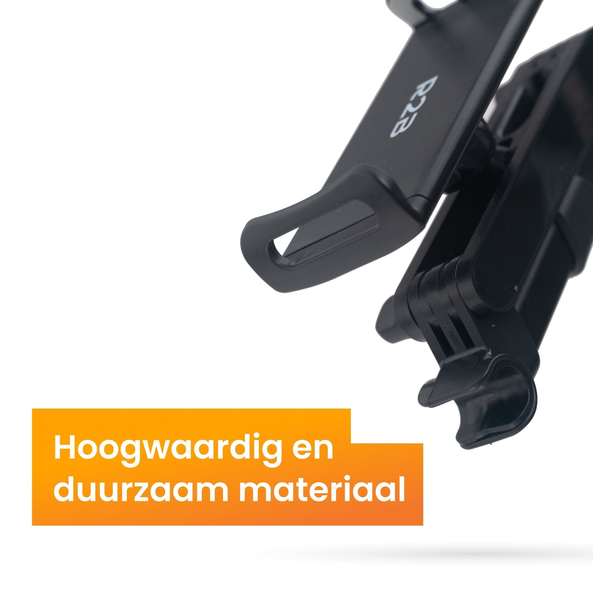 Ein schwarzer Telefonhalter mit dem Text 'Hoogwaardig en duurzaam materiaal'.