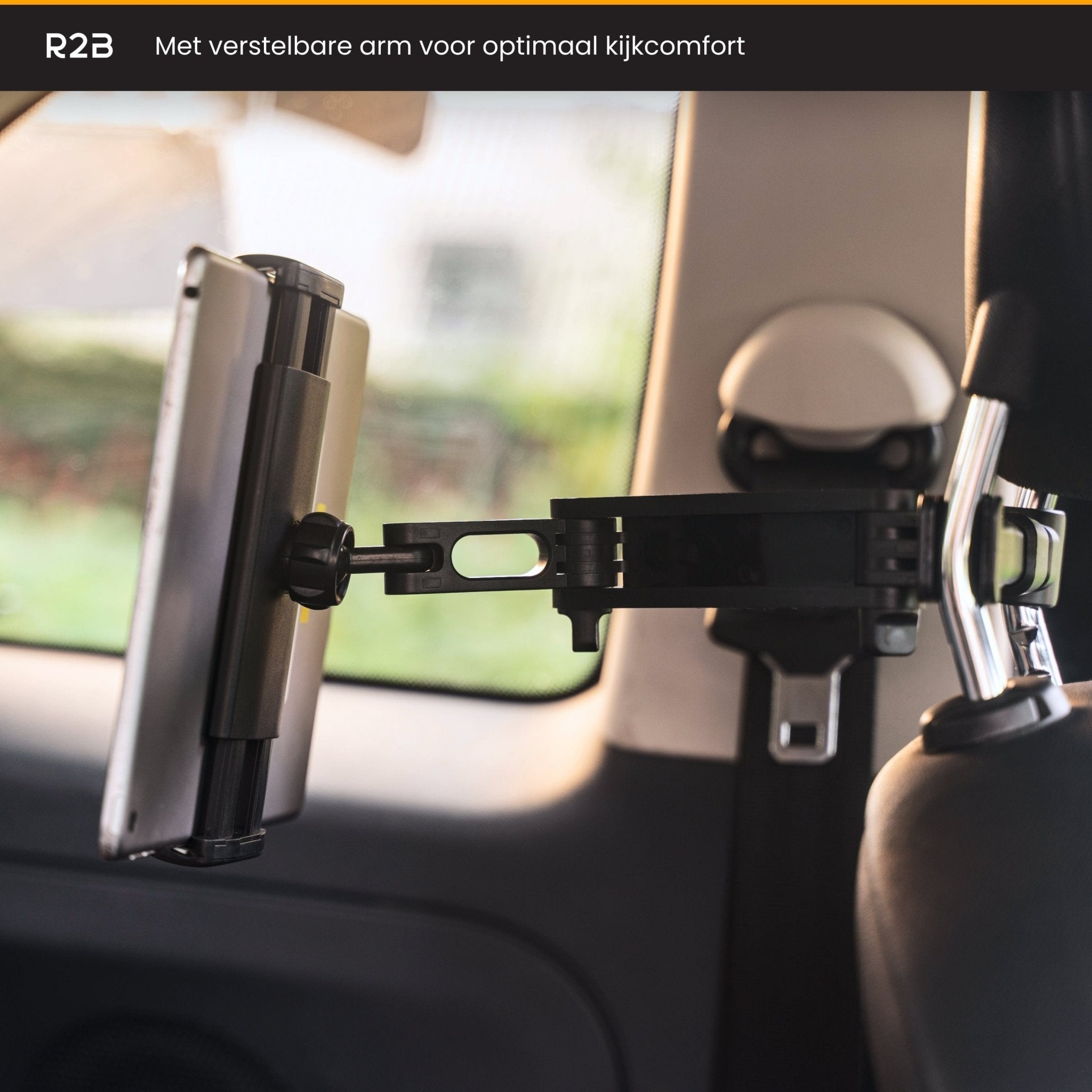 Tablethalterung für die Kopfstütze eines Autos, montiert auf der Rückseite eines Autositzes.
