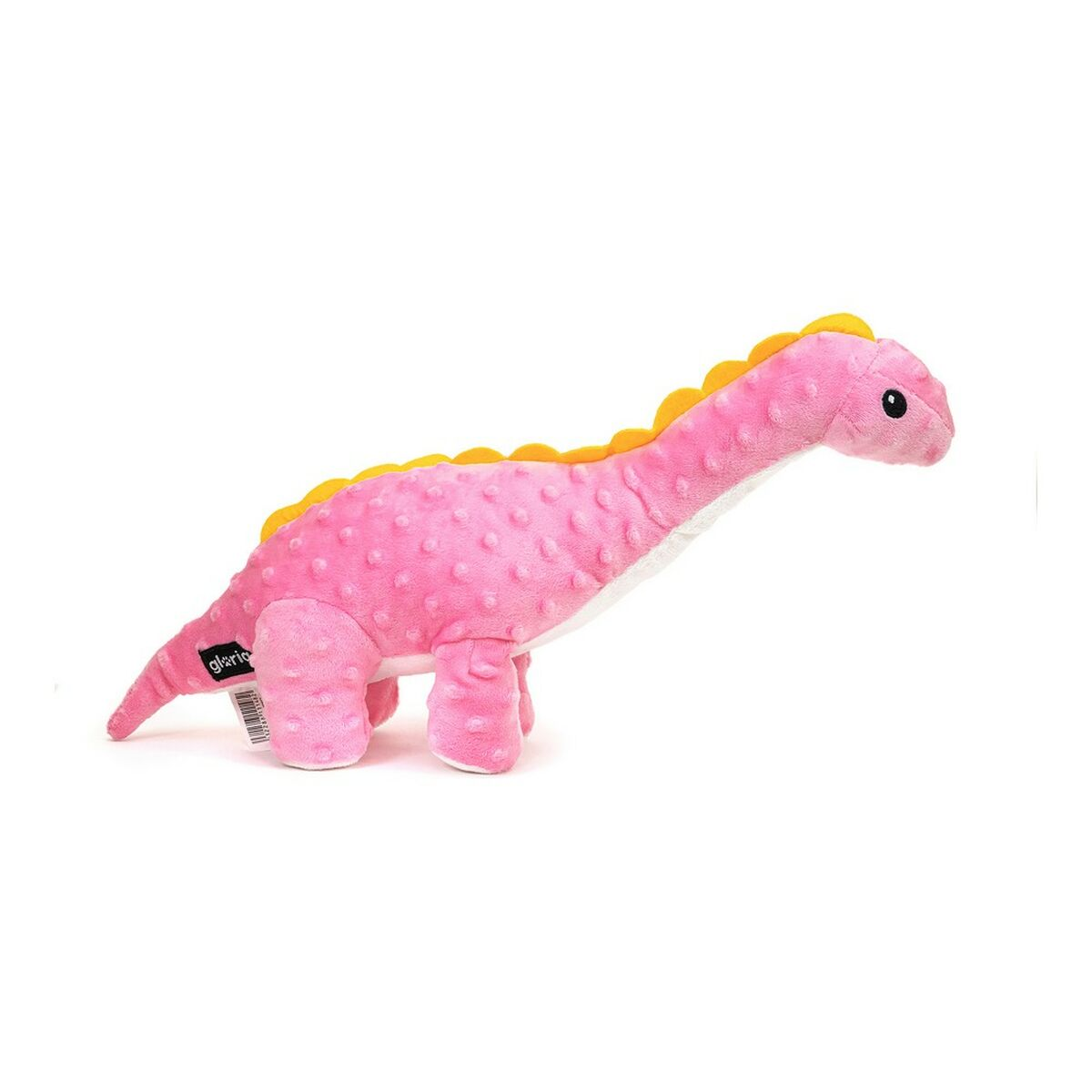 Giocattolo dinosauro di peluche rosa con punte gialle, sfondo bianco.