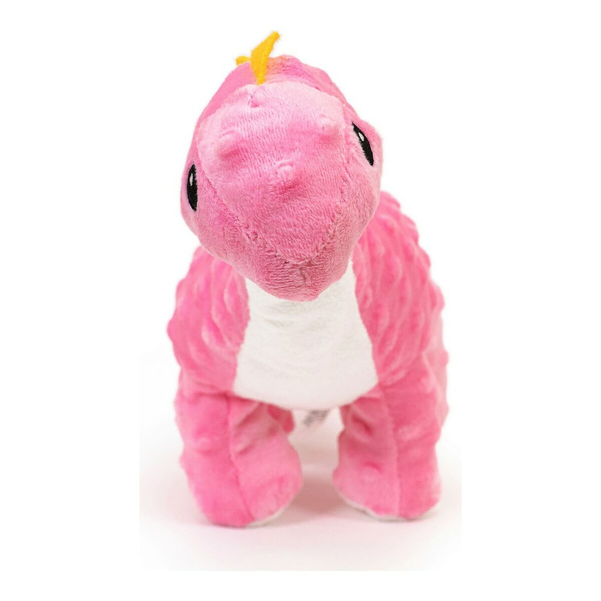 Peluche di dinosauro rosa con pancia bianca, in piedi e rivolto verso lo spettatore su sfondo bianco.