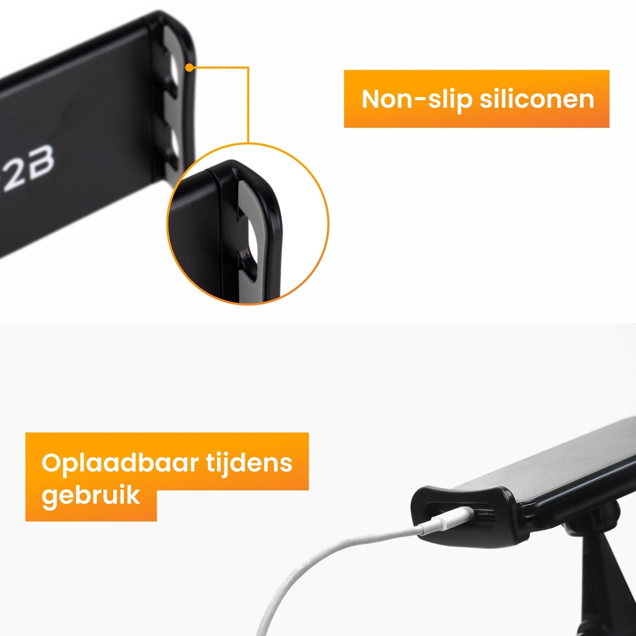 Ein schwarzer Telefonständer mit einem Ladekabel. Text zeigt rutschfestes Silikon und Laden während der Benutzung.