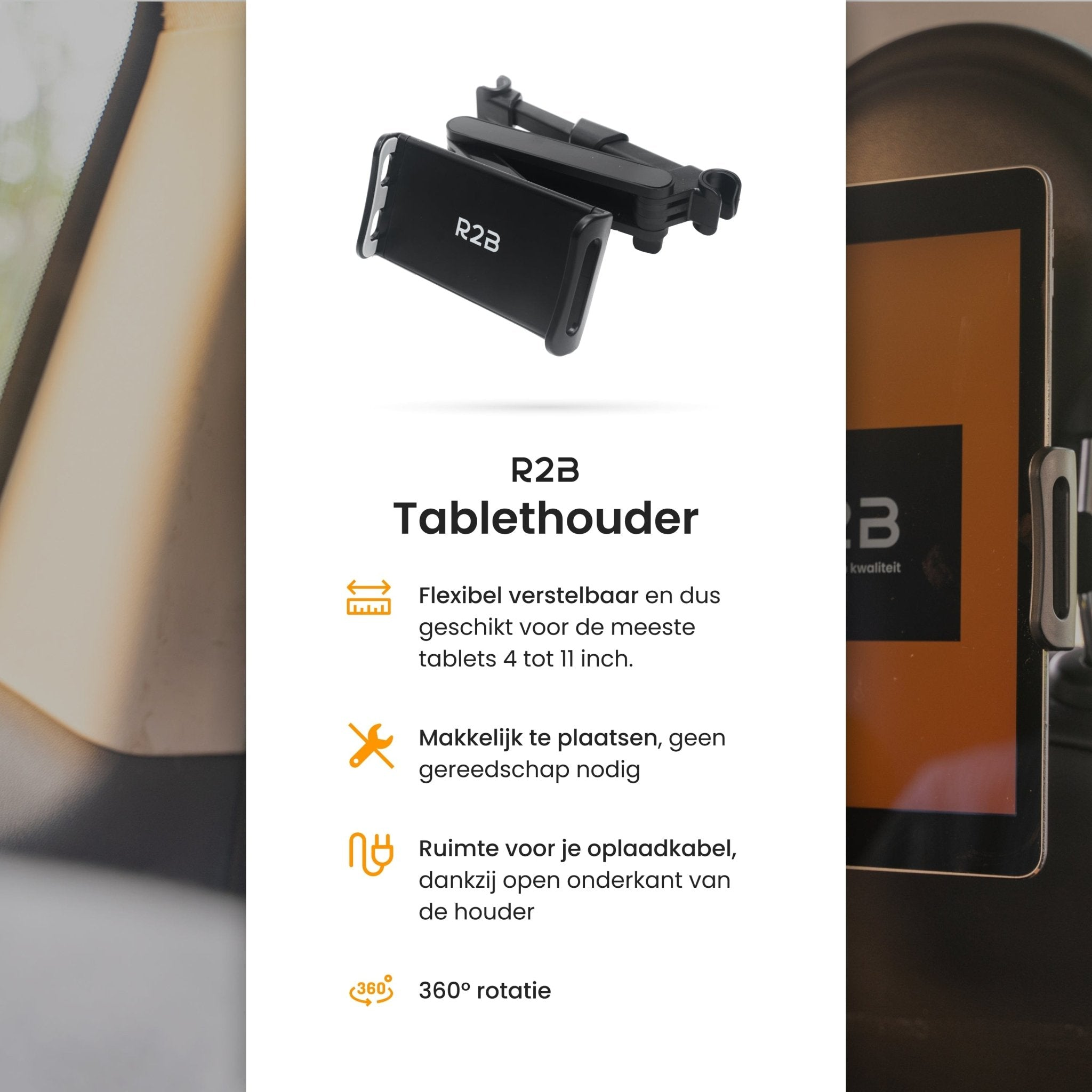 Tablethalterung für das Auto, schwarz, mit Text und Illustrationen, Detailansicht.