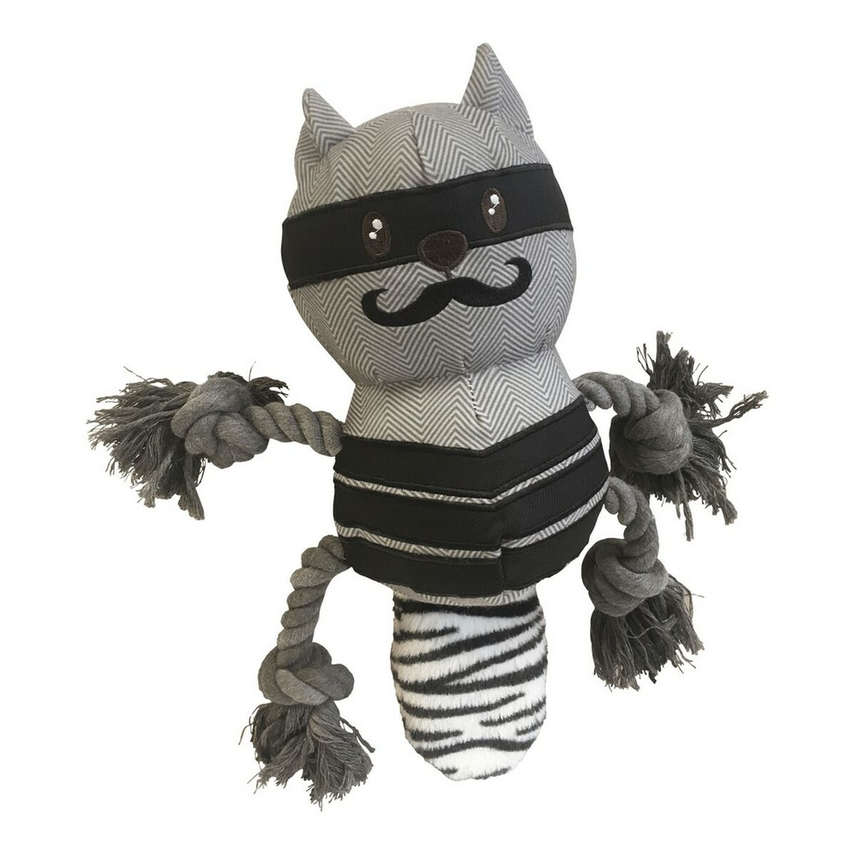 Giocattolo per gatti grigio e bianco con maschera da ninja, baffi e coda a strisce zebrate su bianco.