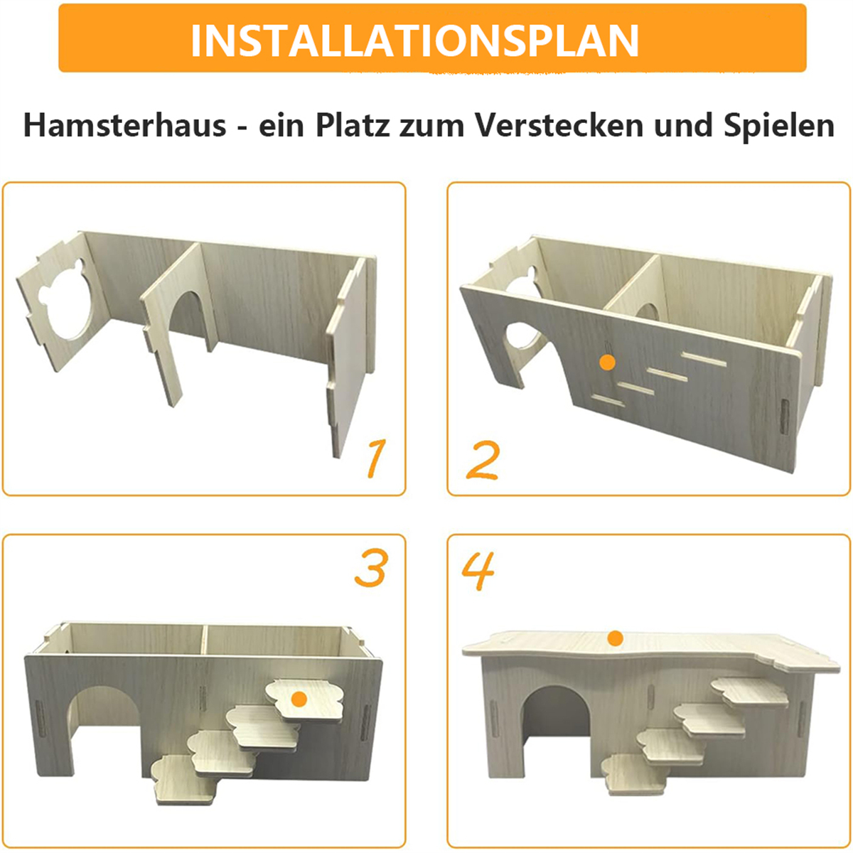 Installationsplan, der die Montageschritte eines hölzernen Hamsterhauses mit mehreren Fächern zeigt.