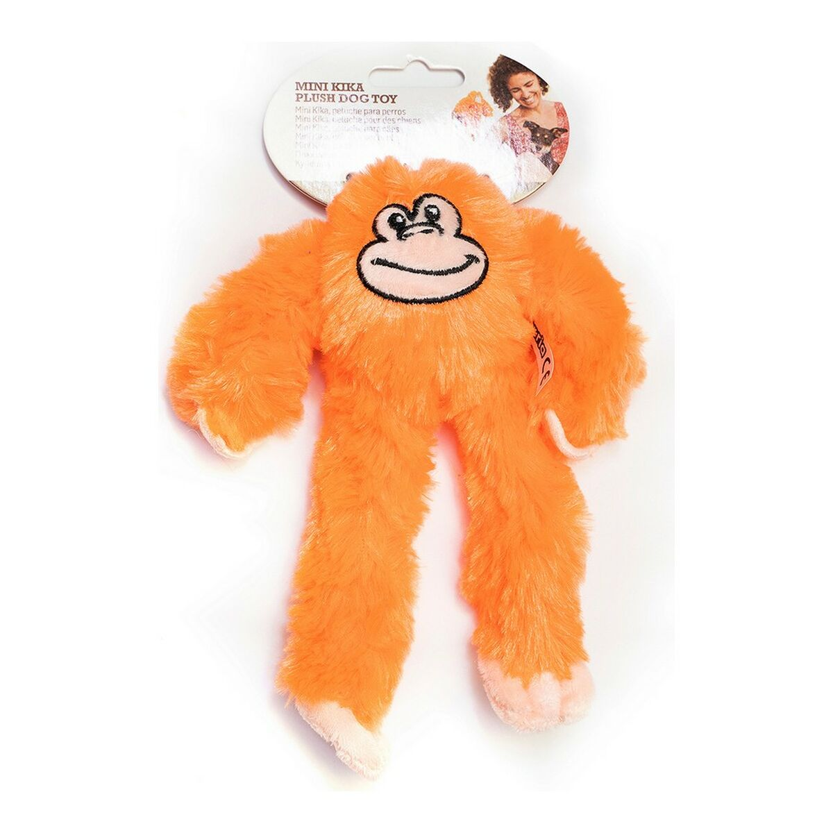 Orangener Affe Plüsch-Hundespielzeug. Weißer Hintergrund. Affe hat Arme und Beine.